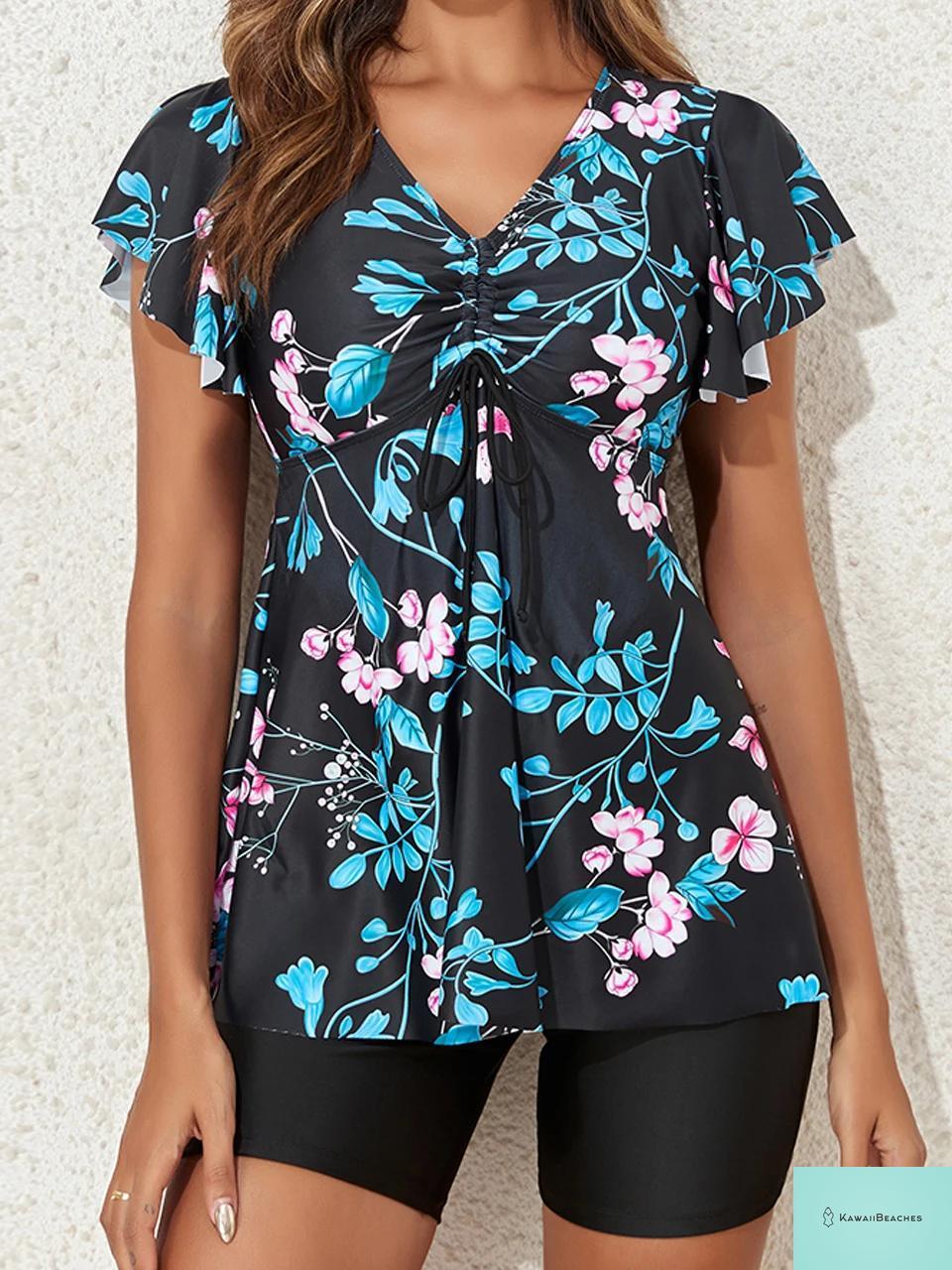 Womens V Neck Tankini Swimsuit Set