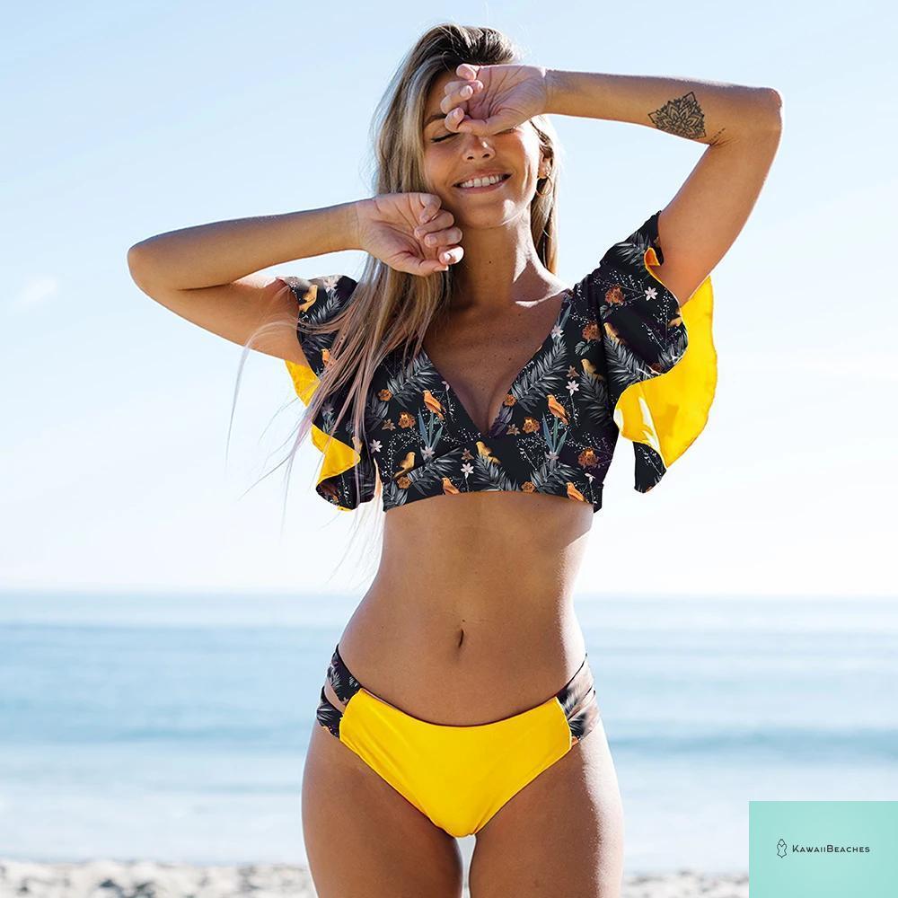 Tropical Ruffle Floral High Waist Swimsuit
