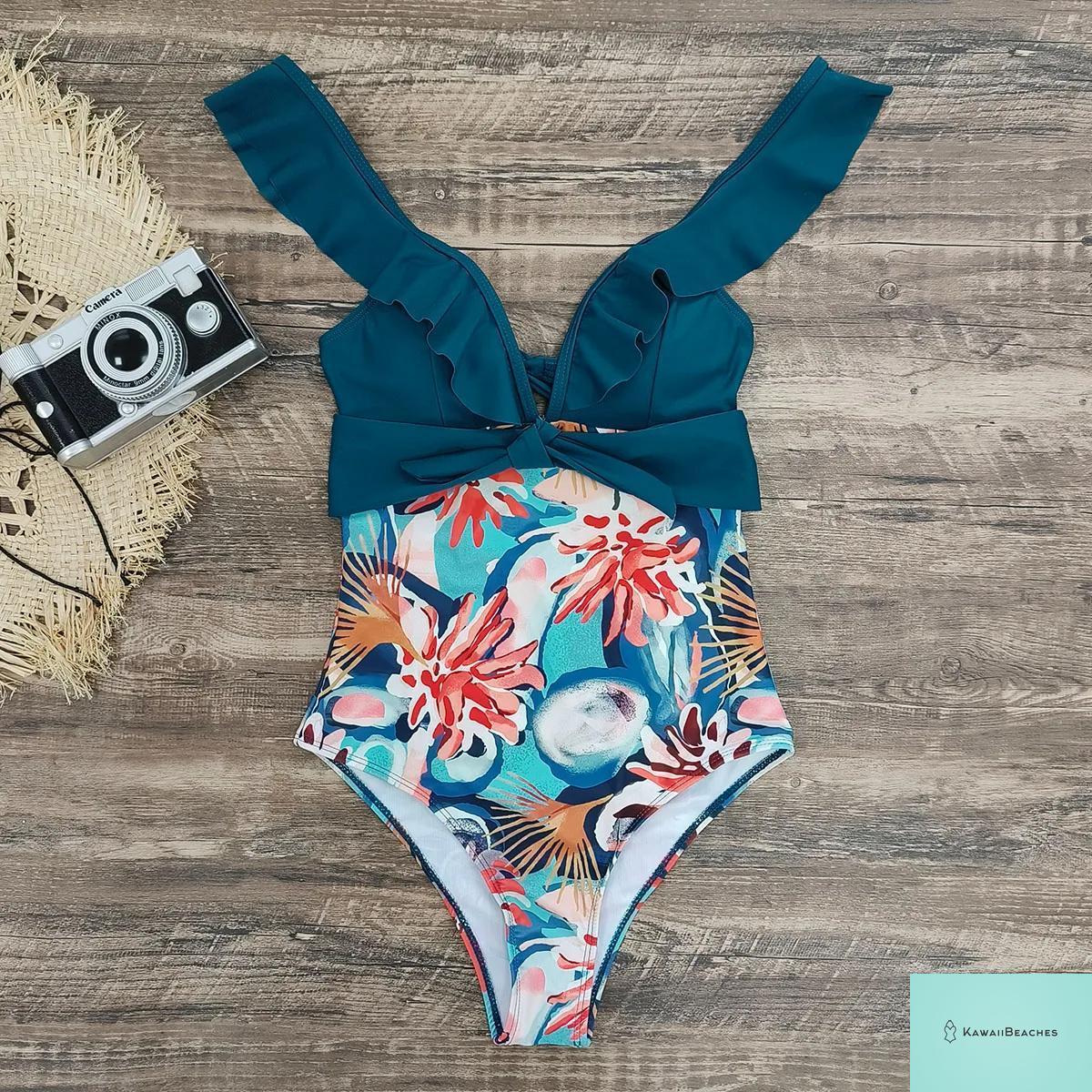 Lace Print V-Neck One Piece Swimsuit