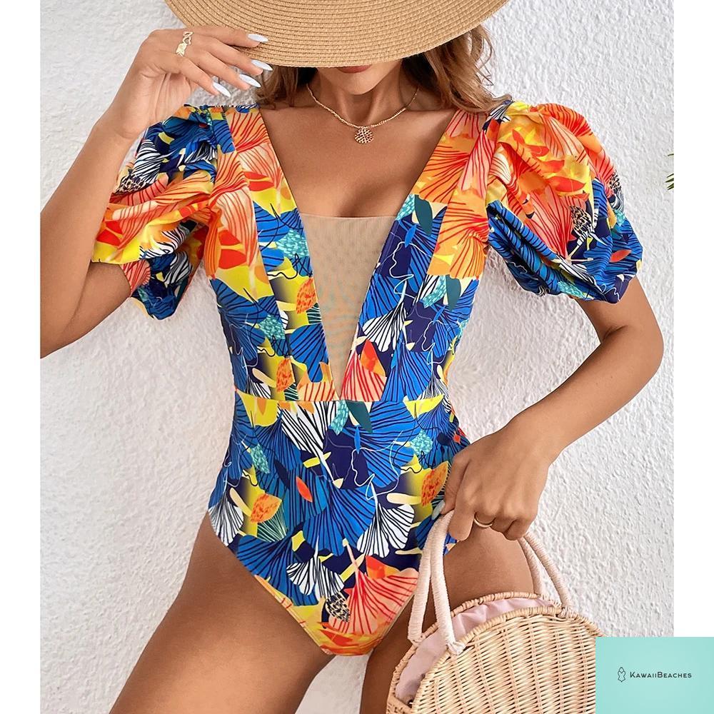 Kawaii V-Neck Lace Print One Piece Swimsuit