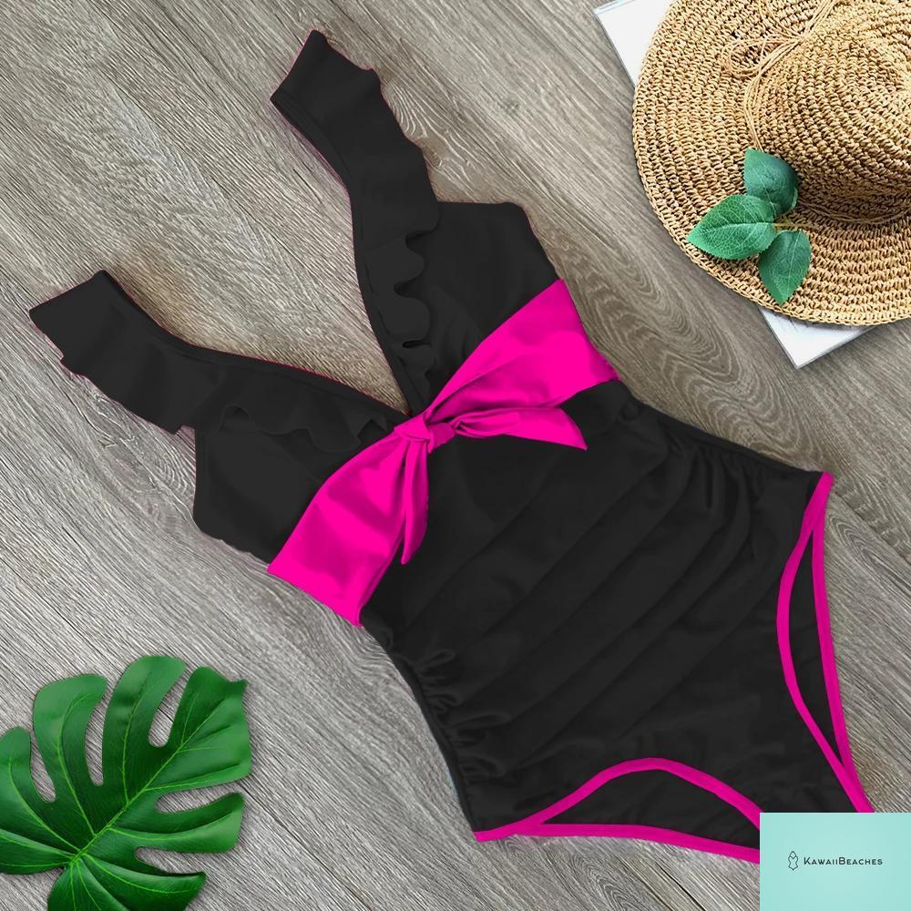Lace Print V-Neck One Piece Swimsuit