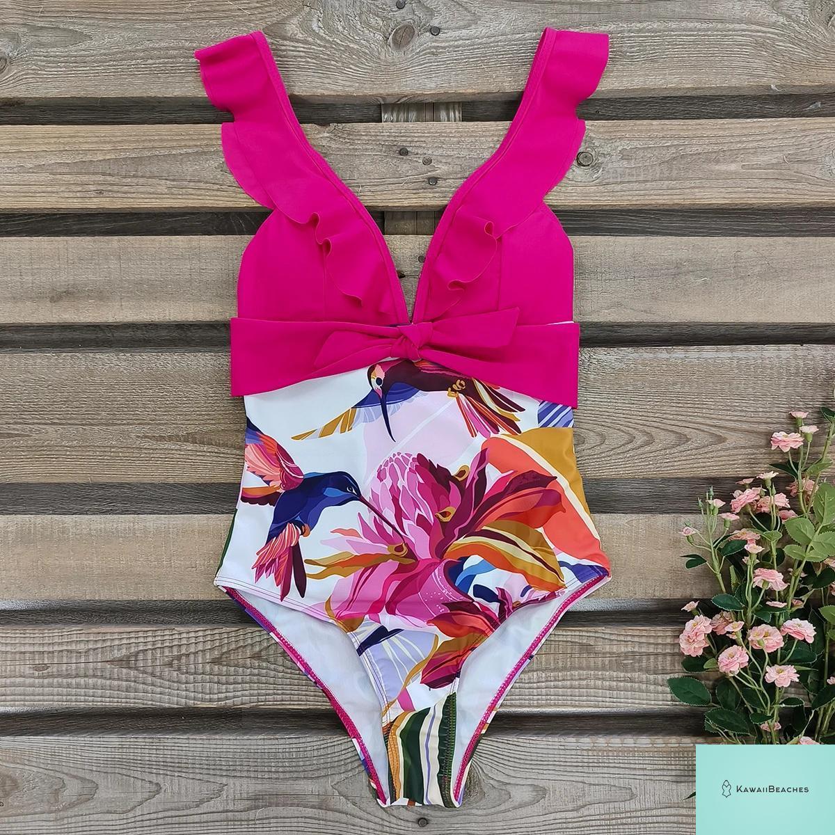 Lace Print V-Neck One Piece Swimsuit