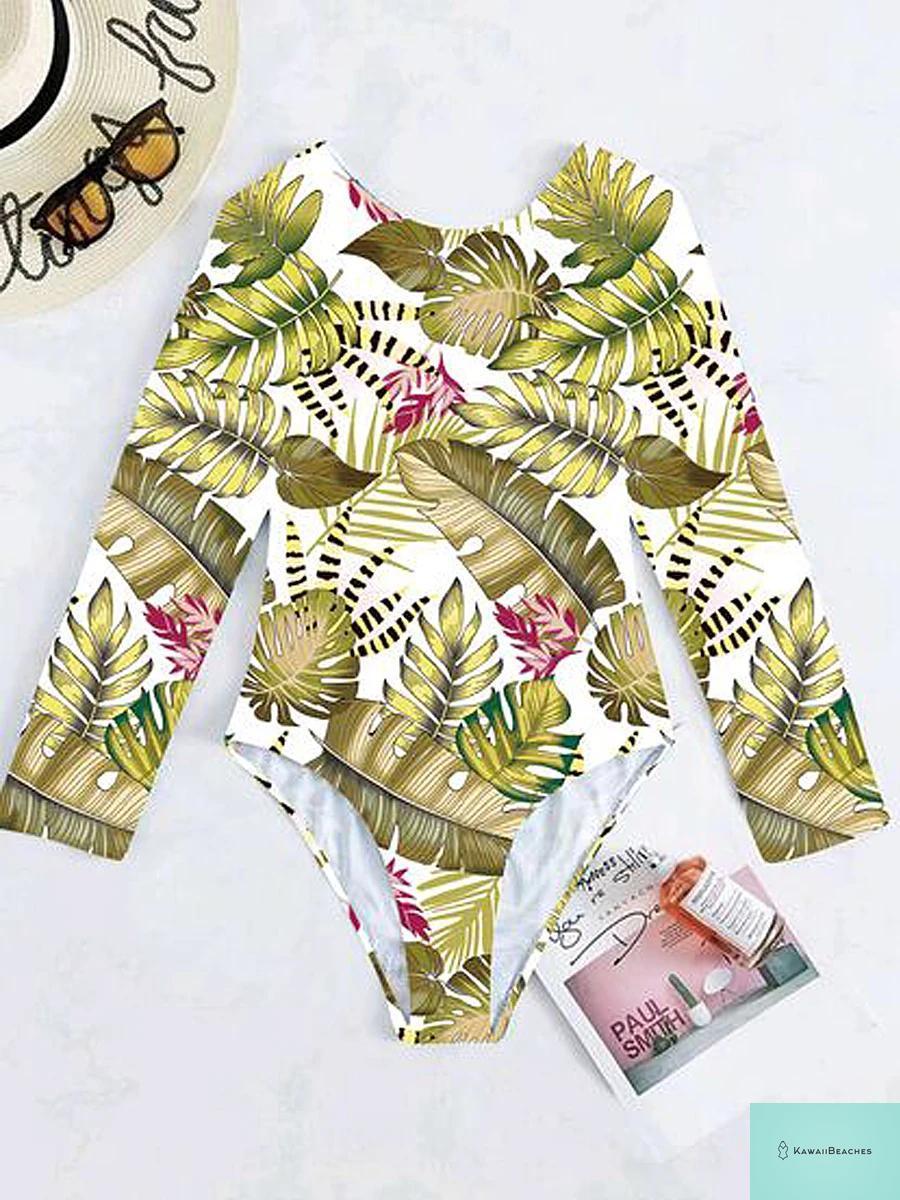 Tropical Leaf Long Sleeve Surf Swimsuit