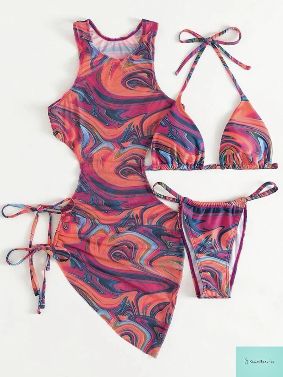 Printed Halter Triangle Bikini Set