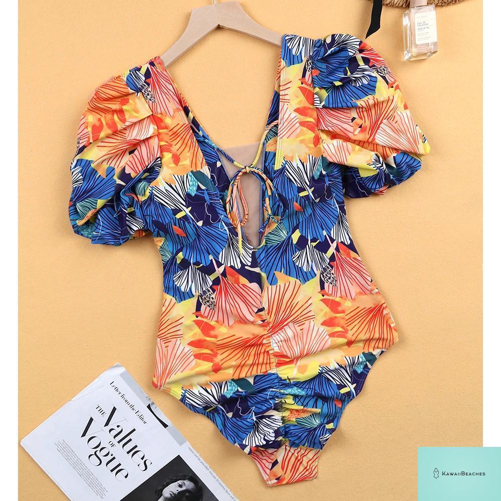 Kawaii V-Neck Lace Print One Piece Swimsuit