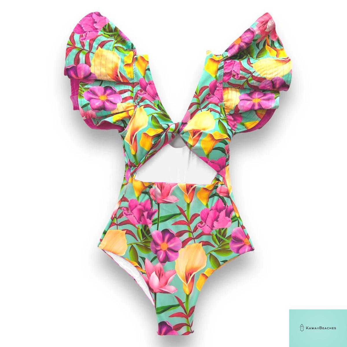 Kawaii V-Neck Lace Print One Piece Swimsuit