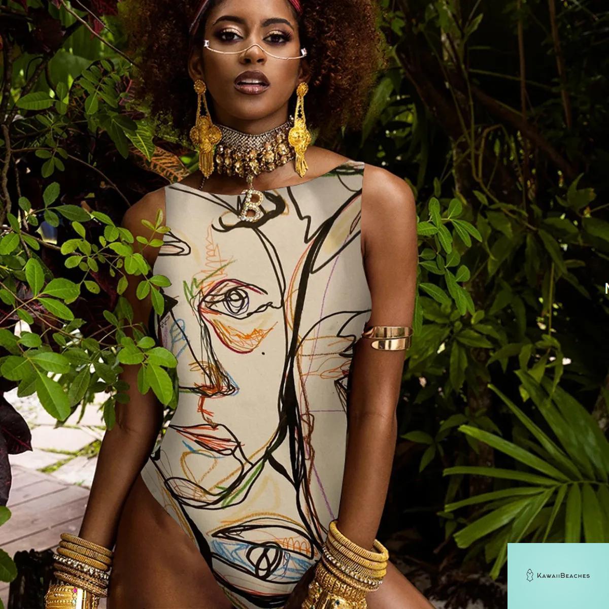 Striped Tropical Monokini Swimsuit for Women