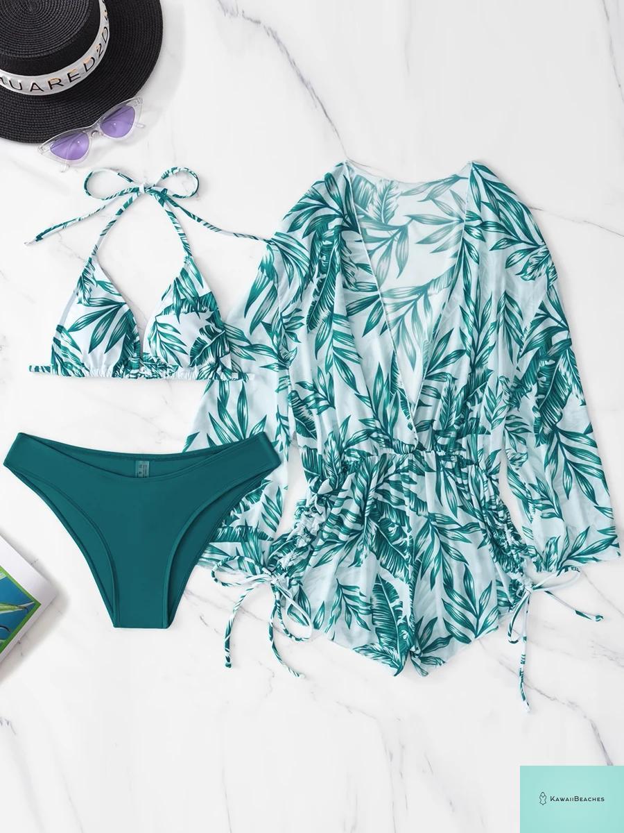 Tropical Print Halter Bikini Swimsuit