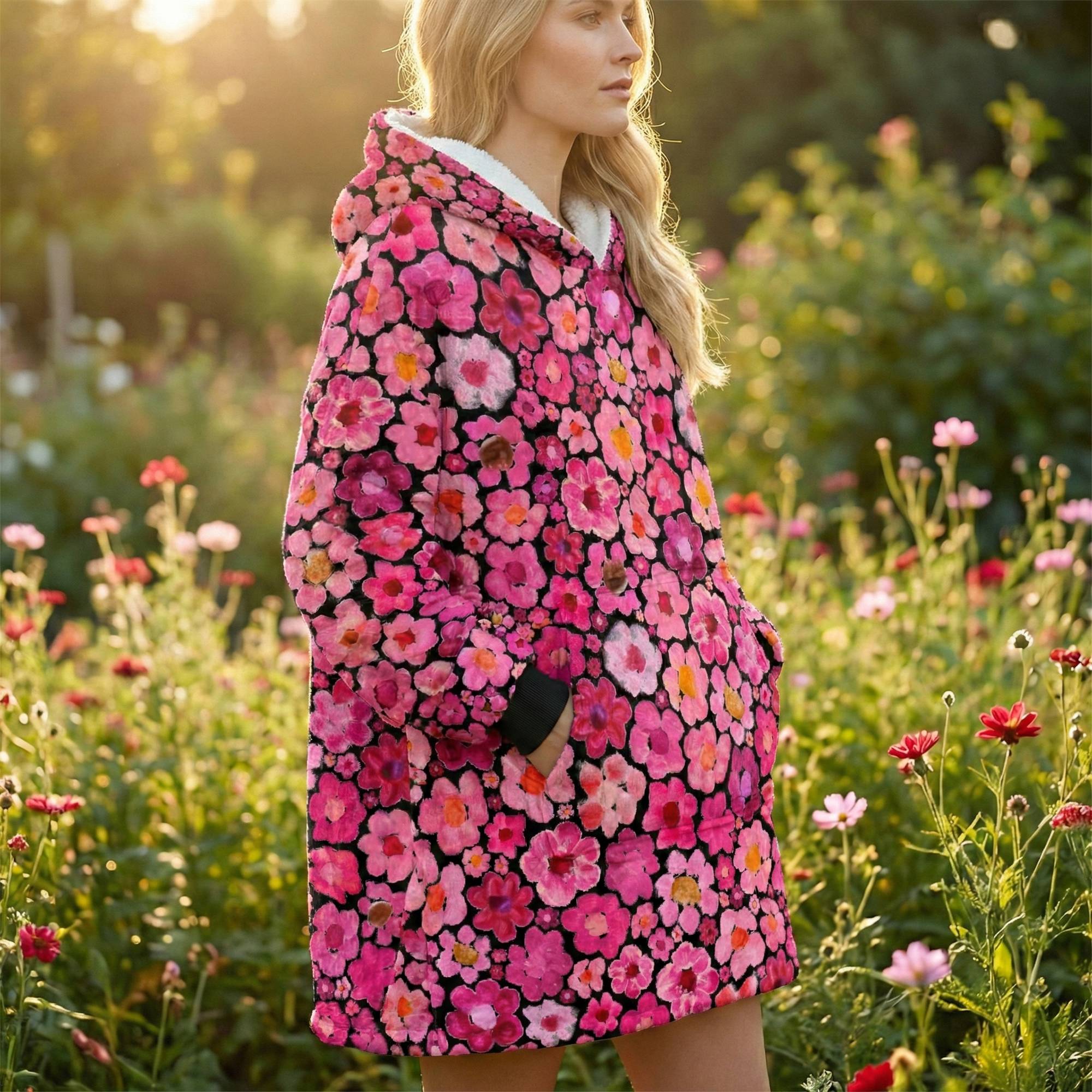 A side profile lifestyle shot of a woman standing in a sunlit meadow of wildflowers, wearing the oversized Pink Zen Blossom Hoodie. She is looking peacefully to the left, with her hands tucked inside the large front kangaroo pocket. The vibrant pink and magenta floral pattern pops against the soft, blurred background of nature, highlighting the garment's role as a tool for mindfulness and connection with the outdoors. The fluffy white sherpa lining is visible around the hood, promising warmth.