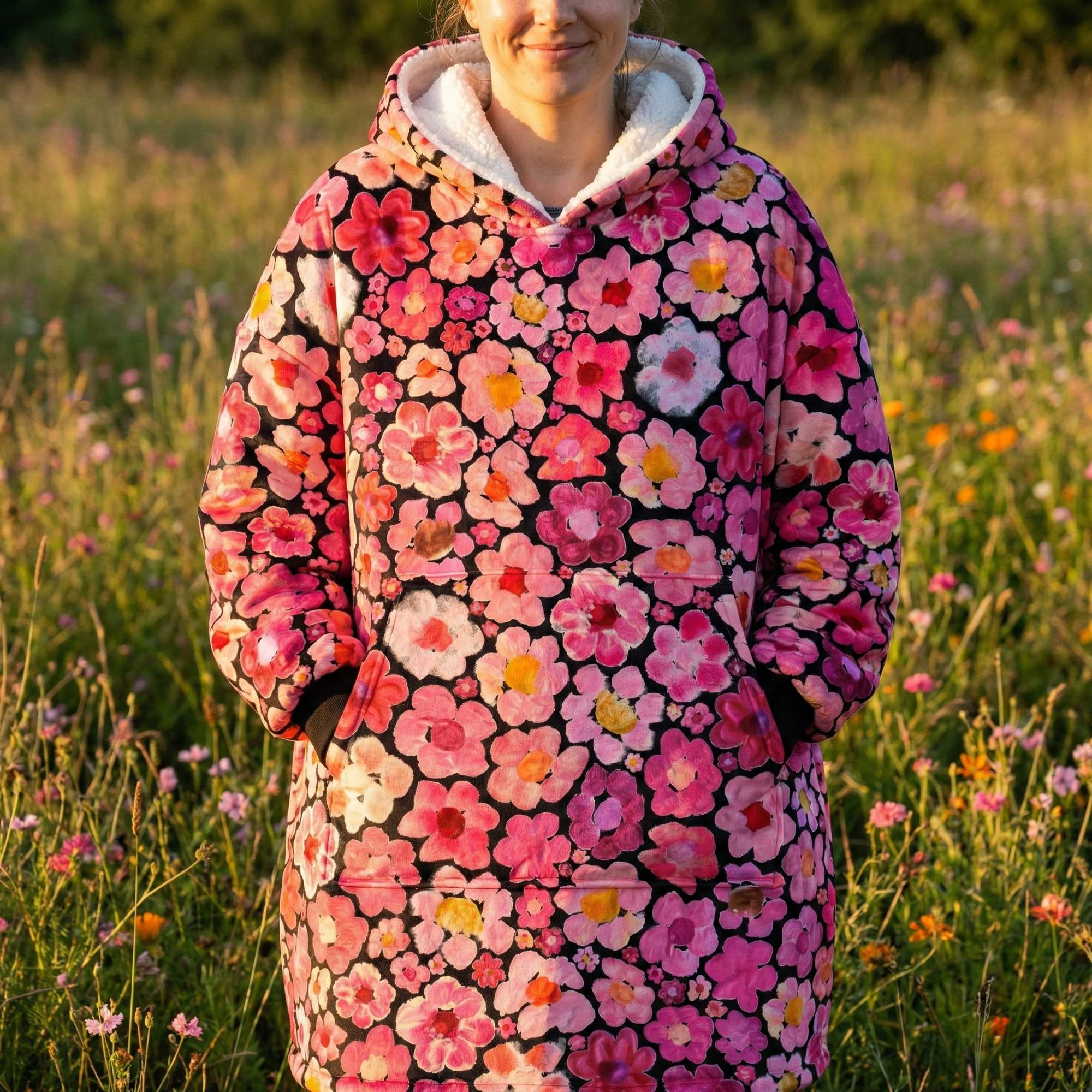 A close-up three-quarter view of a woman standing in a garden, looking slightly downwards with a gentle smile. She is wearing the Pink Zen Blossom Sherpa Fleece Hoodie, which features a bold, artistic print of large pink poppies on a black background. The image focuses on the high-definition quality of the fabric and the plush texture of the hood's interior lining. It conveys a sense of quiet joy and comfort.