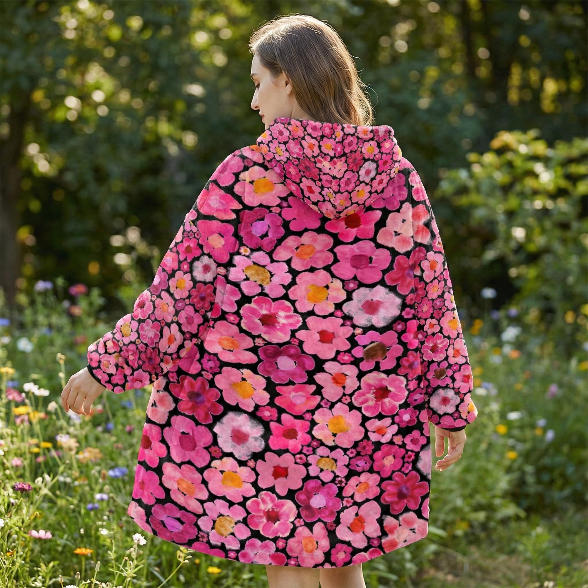 Rear view of a model walking away through a lush green field, showcasing the full back design of the Pink Zen Blossom Hoodie. The massive hood rests on her shoulders, revealing the thick white sherpa fleece inside. The intricate floral pattern covers the entire back, turning the wearer into a walking piece of art. The length of the hoodie (86cm) provides excellent coverage for warmth during outdoor walks.
