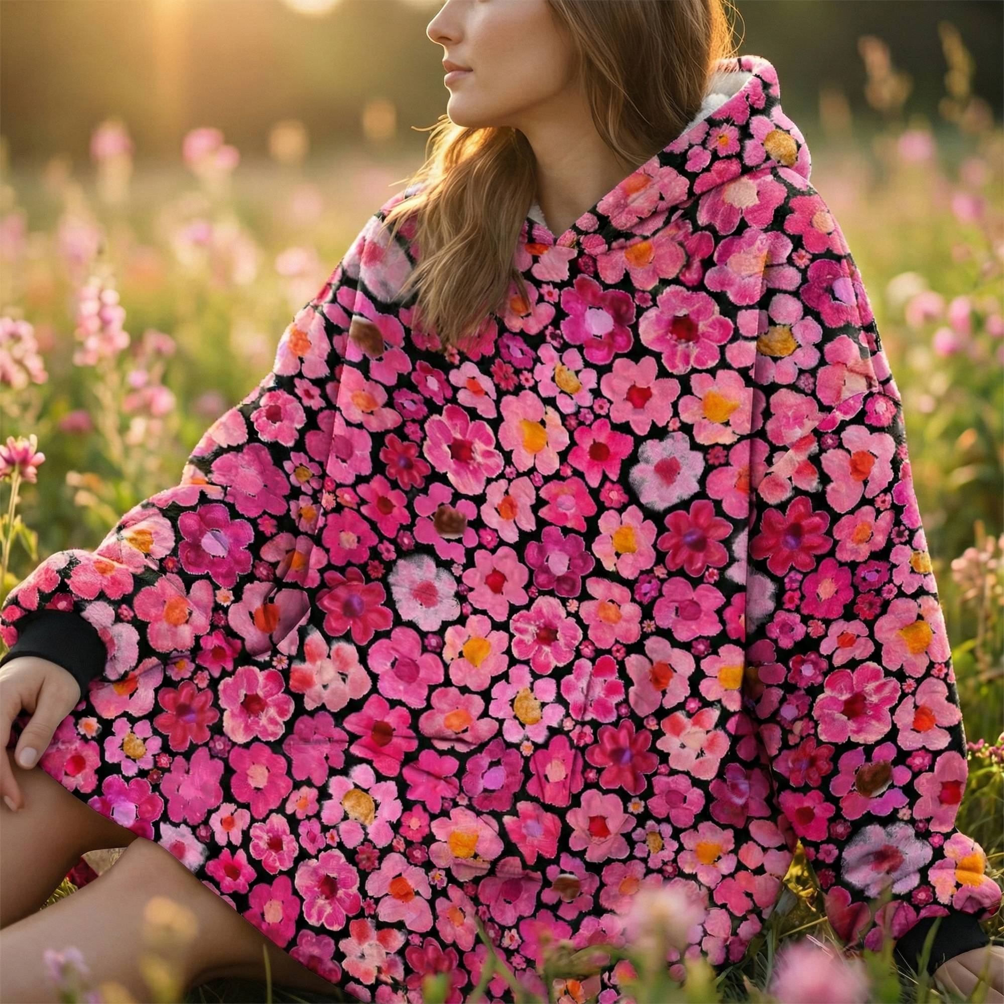  A dynamic front view of a woman sitting on the grass, looking to the right with a relaxed expression. The Pink Zen Blossom Hoodie spreads out around her, emphasizing its generous width (134cm chest). The contrasting black cuffs and the deep pink flowers create a visually striking image. This photo illustrates the freedom of movement allowed by the oversized design, perfect for lounging, reading, or meditating outdoors.