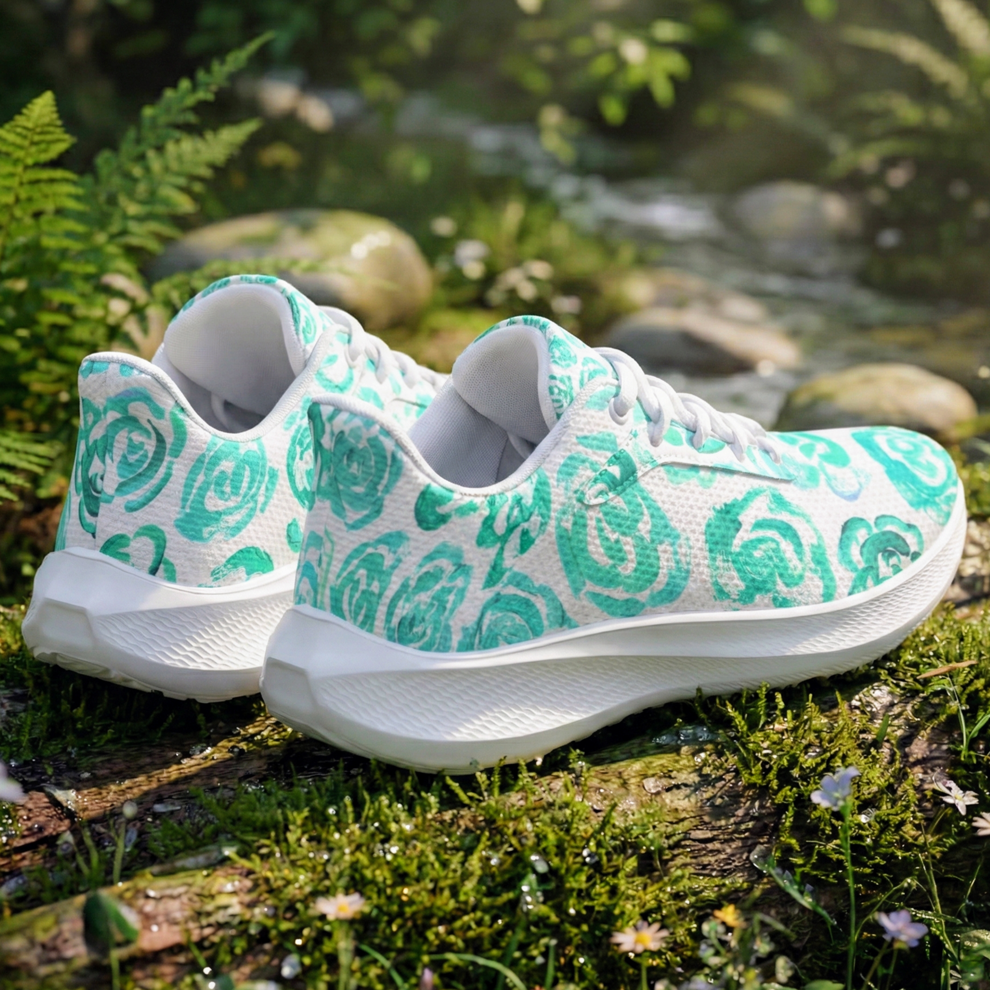 Aqua color flower shoes | Art sneakers | Unisex running shoes with aqua color flower blossoms. Women's & men's lightweight sports shoes. Floral print running shoes | Floral sneakers | Boho patterned shoes | Cute trainers | Flower sneakers | Gym trainers, tennis shoes & walking shoes by Mia Mai Art