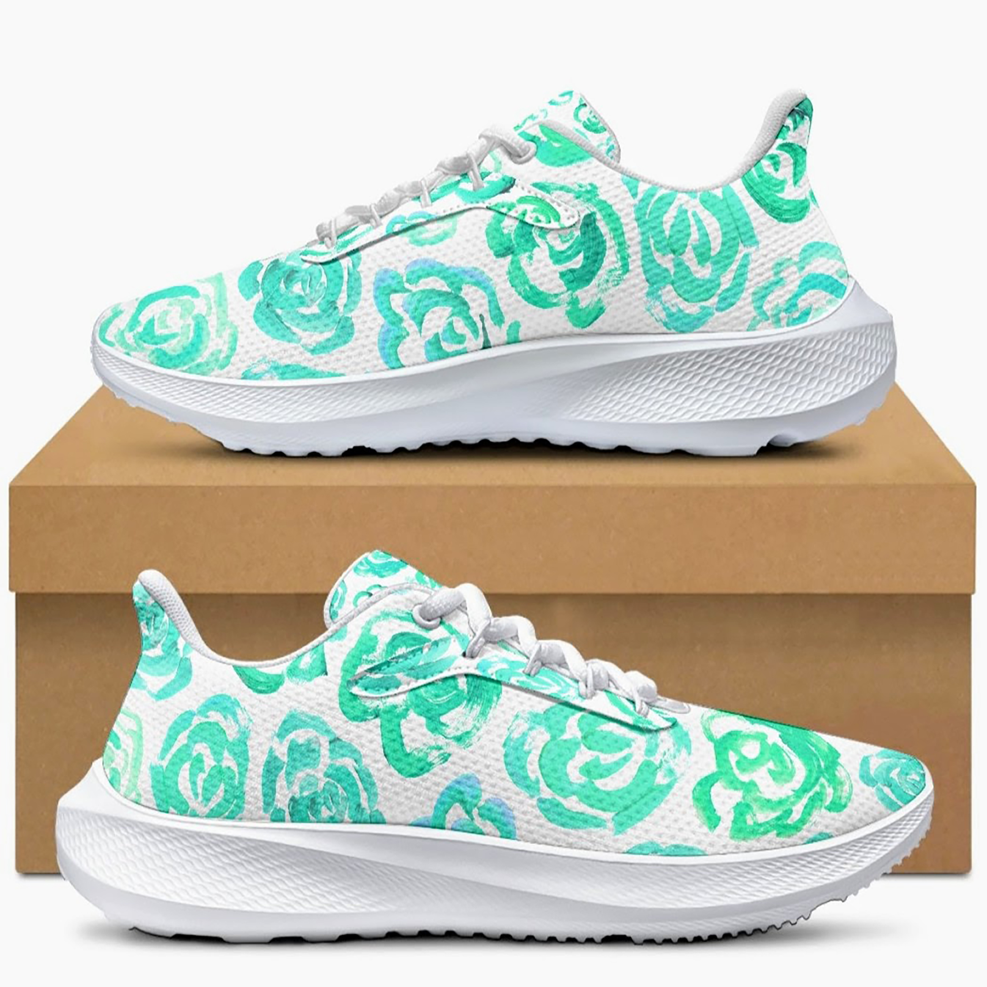 Aqua color flower shoes | Art sneakers | Unisex running shoes with aqua color flower blossoms. Women's & men's lightweight sports shoes. Floral print running shoes | Floral sneakers | Boho patterned shoes | Cute trainers | Flower sneakers | Gym trainers, tennis shoes & walking shoes by Mia Mai Art