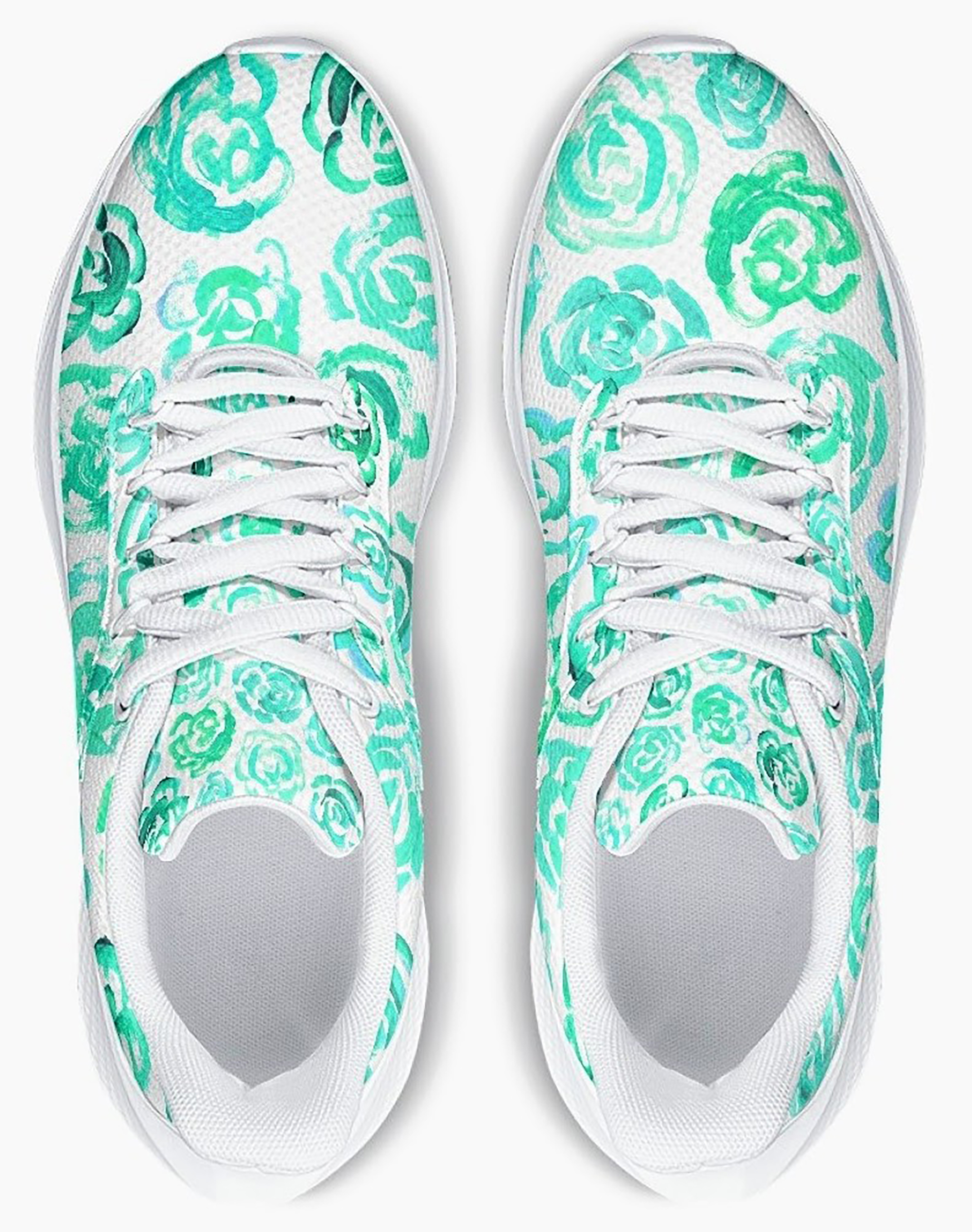 Aqua color flower shoes | Art sneakers | Unisex running shoes with aqua color flower blossoms. Women's & men's lightweight sports shoes. Floral print running shoes | Floral sneakers | Boho patterned shoes | Cute trainers | Flower sneakers | Gym trainers, tennis shoes & walking shoes by Mia Mai Art