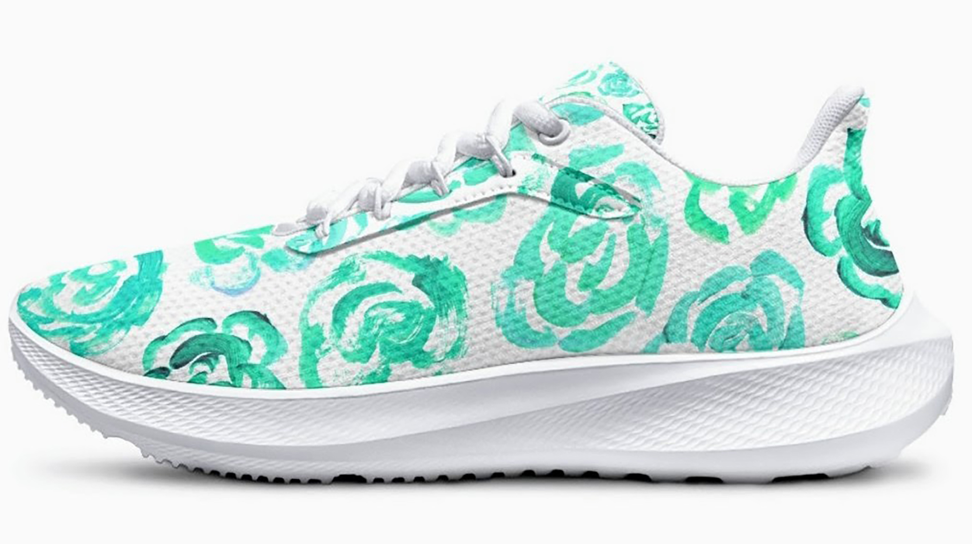 Aqua color flower shoes | Art sneakers | Unisex running shoes with aqua color flower blossoms. Women's & men's lightweight sports shoes. Floral print running shoes | Floral sneakers | Boho patterned shoes | Cute trainers | Flower sneakers | Gym trainers, tennis shoes & walking shoes by Mia Mai Art