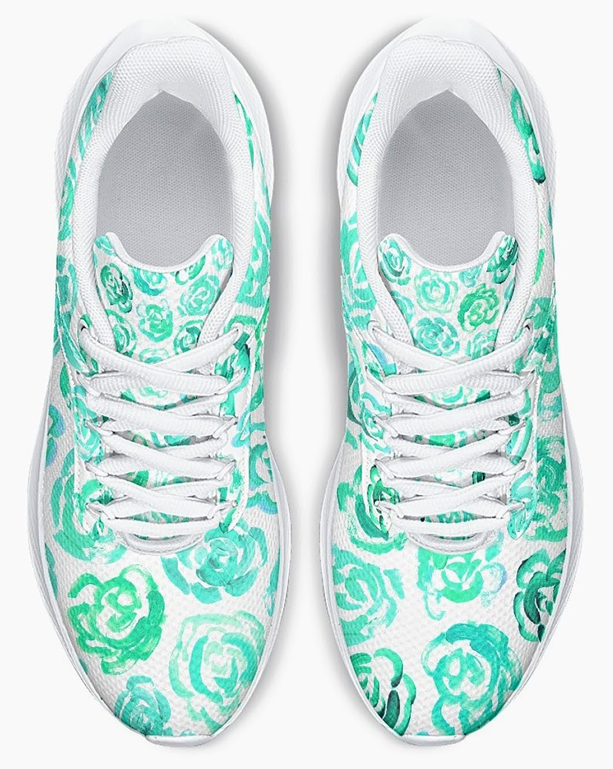 Aqua color flower shoes | Art sneakers | Unisex running shoes with aqua color flower blossoms. Women's & men's lightweight sports shoes. Floral print running shoes | Floral sneakers | Boho patterned shoes | Cute trainers | Flower sneakers | Gym trainers, tennis shoes & walking shoes by Mia Mai Art