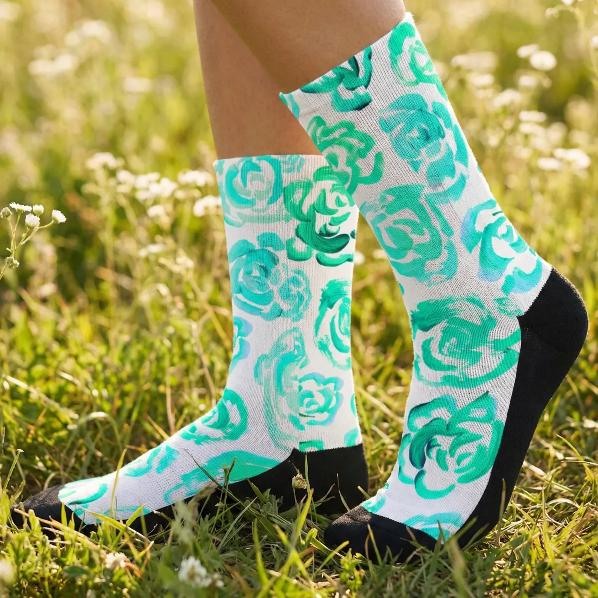 Aqua flower socks Unisex aqua color flower blossom sports socks for women and men Cute art socks | High performance sports socks | Cool socks for guys | Unique socks for men | Best socks for sweaty feet | Moisture wicking socks for running | Cute workout socks for women | Sweat wicking gym socks | Anti-blister sports socks | Novelty running socks | Seamless toe athletic socks