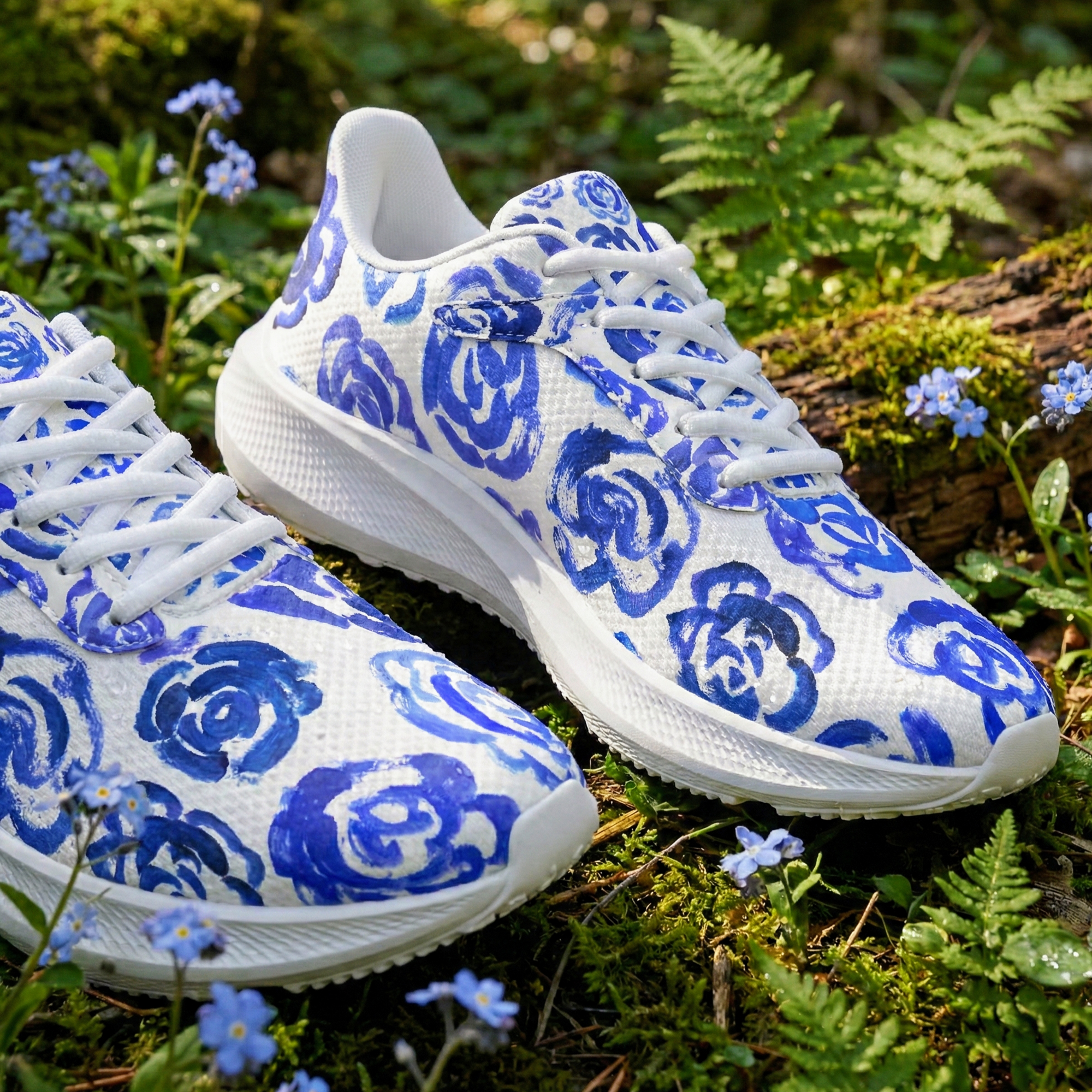 Dark blue flower shoes | Art sneakers | Unisex running shoes with light blue flower blossoms. Women's & men's lightweight sports shoes.  Floral print running shoes | Floral sneakers | Boho patterned shoes | Cute trainers&nbsp;| Flower sneakers | Gym trainers, tennis shoes & walking shoes by Mia Mai Art