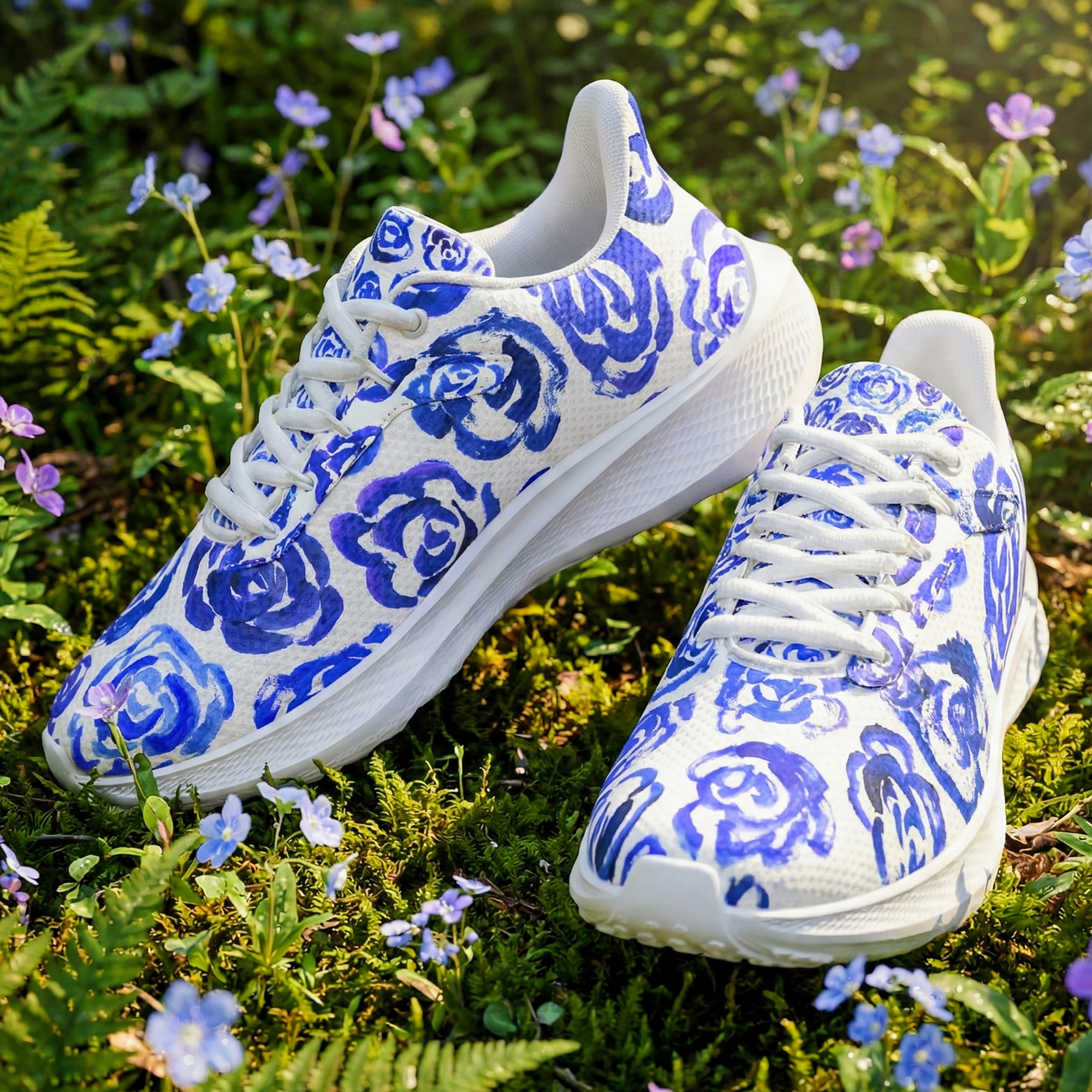Dark blue flower shoes | Art sneakers | Unisex running shoes with light blue flower blossoms. Women's & men's lightweight sports shoes.  Floral print running shoes | Floral sneakers | Boho patterned shoes | Cute trainers&nbsp;| Flower sneakers | Gym trainers, tennis shoes & walking shoes by Mia Mai Art