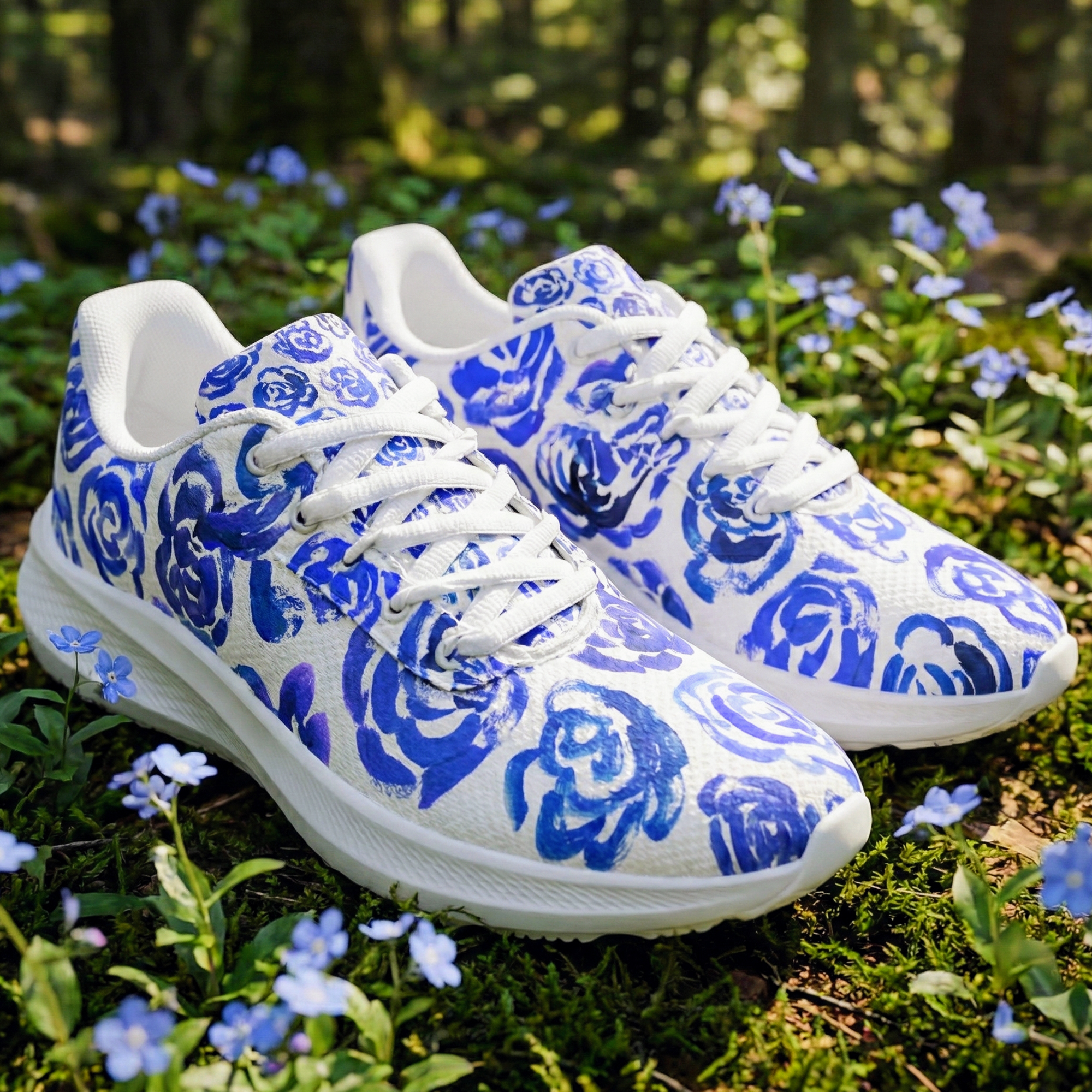 Dark blue flower shoes | Art sneakers | Unisex running shoes with light blue flower blossoms. Women's & men's lightweight sports shoes.  Floral print running shoes | Floral sneakers | Boho patterned shoes | Cute trainers&nbsp;| Flower sneakers | Gym trainers, tennis shoes & walking shoes by Mia Mai Art