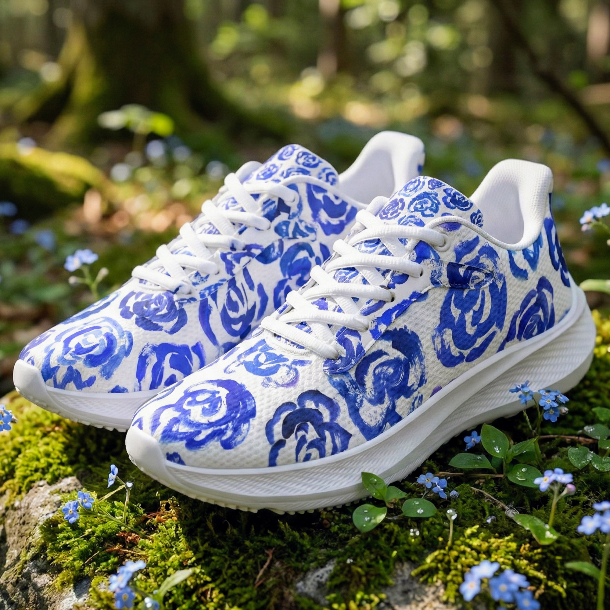 Dark blue flower shoes | Art sneakers | Unisex running shoes with light blue flower blossoms. Women's & men's lightweight sports shoes.  Floral print running shoes | Floral sneakers | Boho patterned shoes | Cute trainers&nbsp;| Flower sneakers | Gym trainers, tennis shoes & walking shoes by Mia Mai Art
