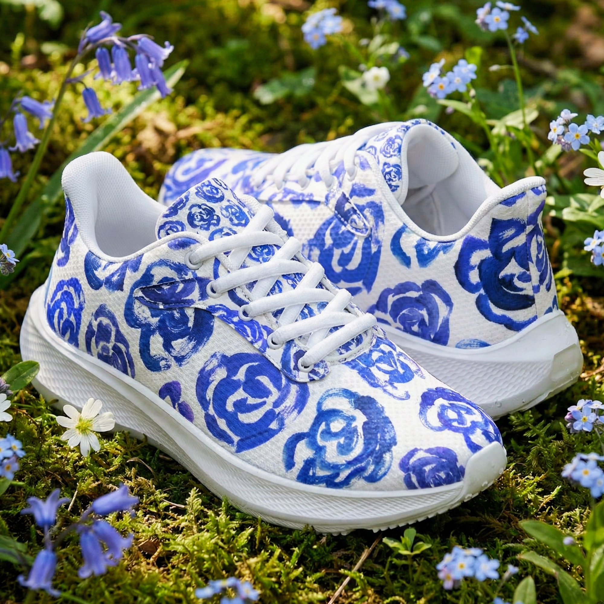 Dark blue flower shoes | Art sneakers | Unisex running shoes with light blue flower blossoms. Women's & men's lightweight sports shoes.  Floral print running shoes | Floral sneakers | Boho patterned shoes | Cute trainers&nbsp;| Flower sneakers | Gym trainers, tennis shoes & walking shoes by Mia Mai Art