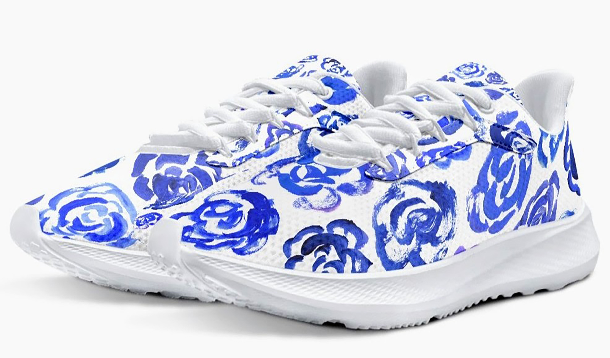 Dark blue flower shoes | Art sneakers | Unisex running shoes with light blue flower blossoms. Women's & men's lightweight sports shoes.  Floral print running shoes | Floral sneakers | Boho patterned shoes | Cute trainers&nbsp;| Flower sneakers | Gym trainers, tennis shoes & walking shoes by Mia Mai Art