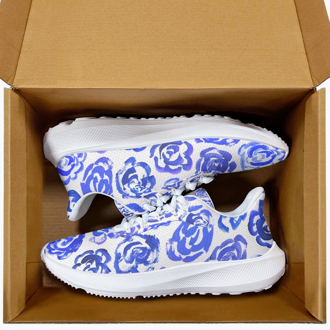 Dark blue flower shoes | Art sneakers | Unisex running shoes with light blue flower blossoms. Women's & men's lightweight sports shoes.  Floral print running shoes | Floral sneakers | Boho patterned shoes | Cute trainers&nbsp;| Flower sneakers | Gym trainers, tennis shoes & walking shoes by Mia Mai Art