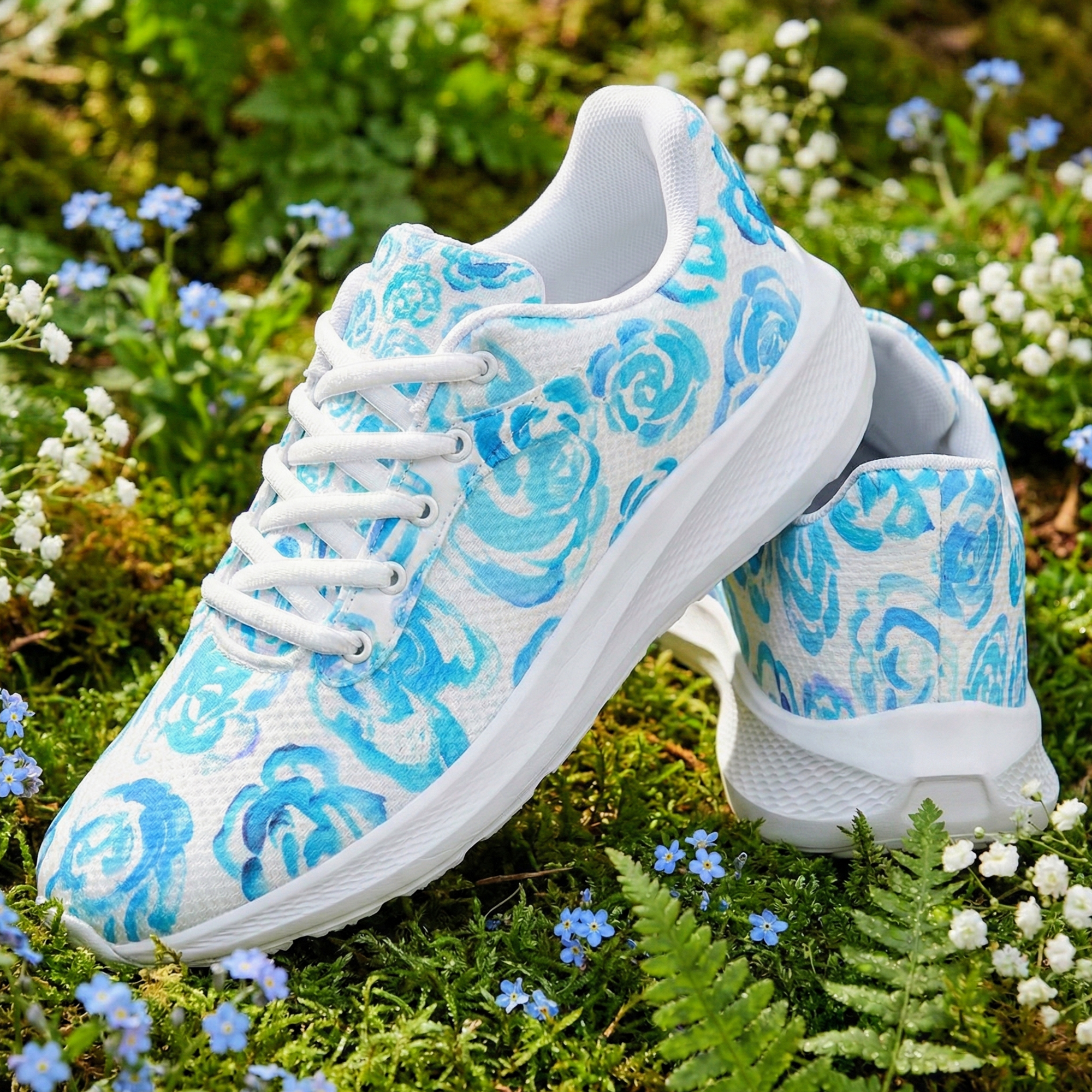 Light blue flower shoes | Art sneakers | Unisex running shoes with light blue flower blossoms. Women's & men's lightweight sports shoes. Floral print running shoes | Floral sneakers | Boho patterned shoes | Cute trainers | Flower sneakers | Gym trainers, tennis shoes & walking shoes by Mia Mai Art