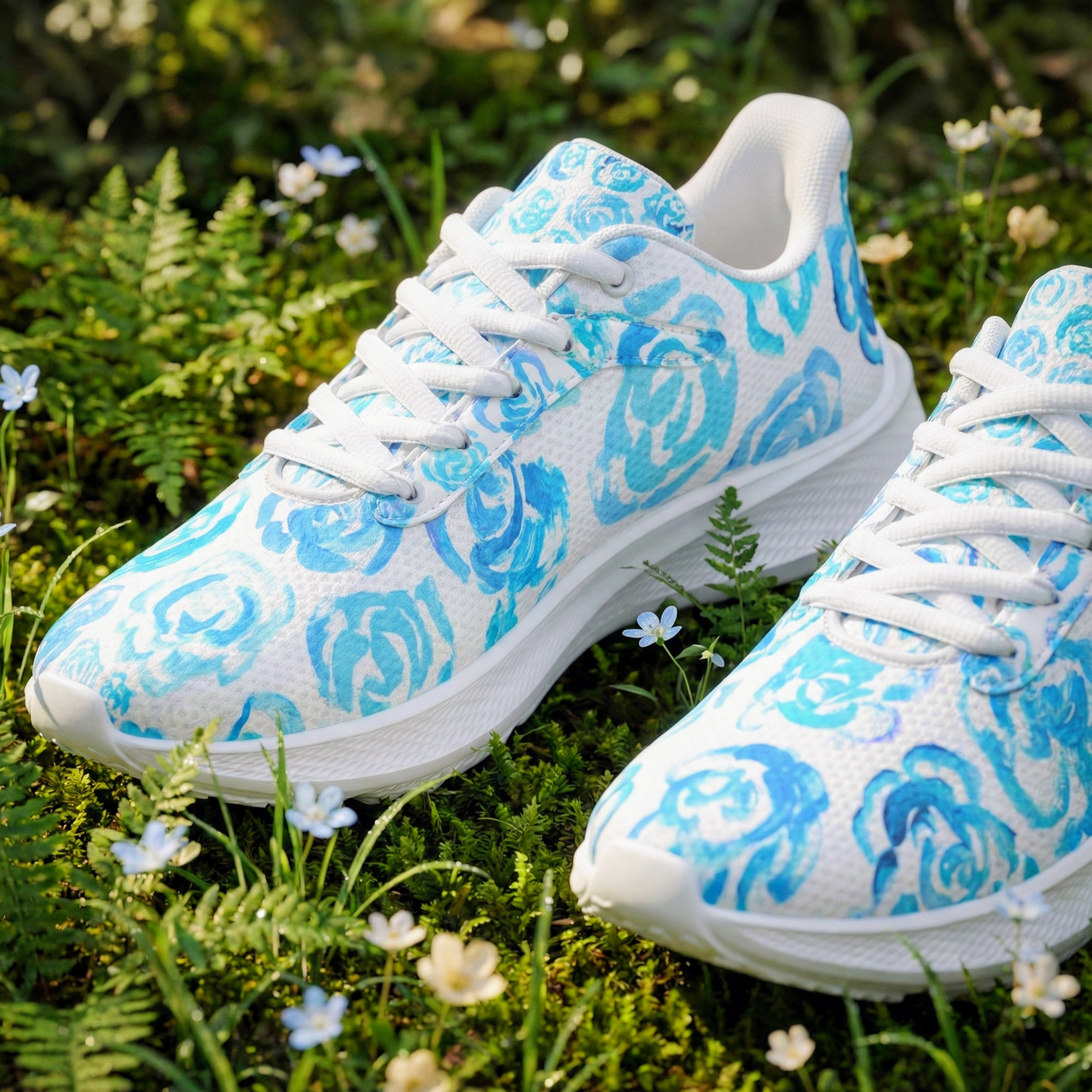 Light blue flower shoes | Art sneakers | Unisex running shoes with light blue flower blossoms. Women's & men's lightweight sports shoes. Floral print running shoes | Floral sneakers | Boho patterned shoes | Cute trainers | Flower sneakers | Gym trainers, tennis shoes & walking shoes by Mia Mai Art