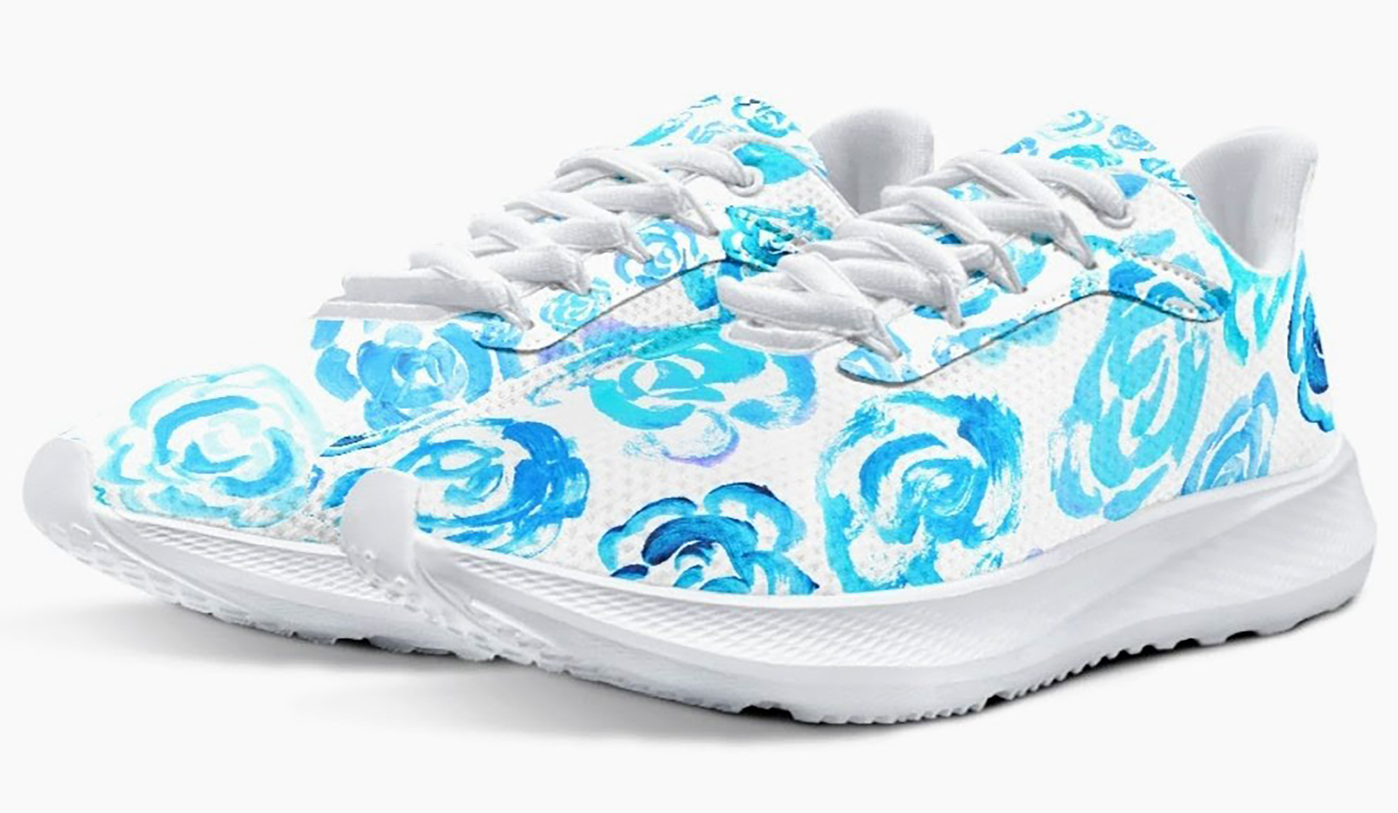 Light blue flower shoes | Art sneakers | Unisex running shoes with light blue flower blossoms. Women's & men's lightweight sports shoes. Floral print running shoes | Floral sneakers | Boho patterned shoes | Cute trainers | Flower sneakers | Gym trainers, tennis shoes & walking shoes by Mia Mai Art