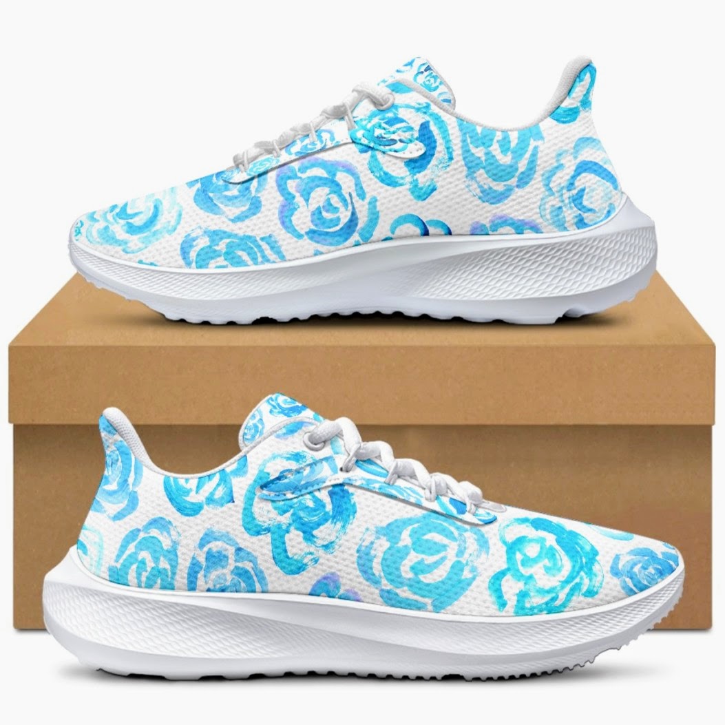Light blue flower shoes | Art sneakers | Unisex running shoes with light blue flower blossoms. Women's & men's lightweight sports shoes. Floral print running shoes | Floral sneakers | Boho patterned shoes | Cute trainers | Flower sneakers | Gym trainers, tennis shoes & walking shoes by Mia Mai Art