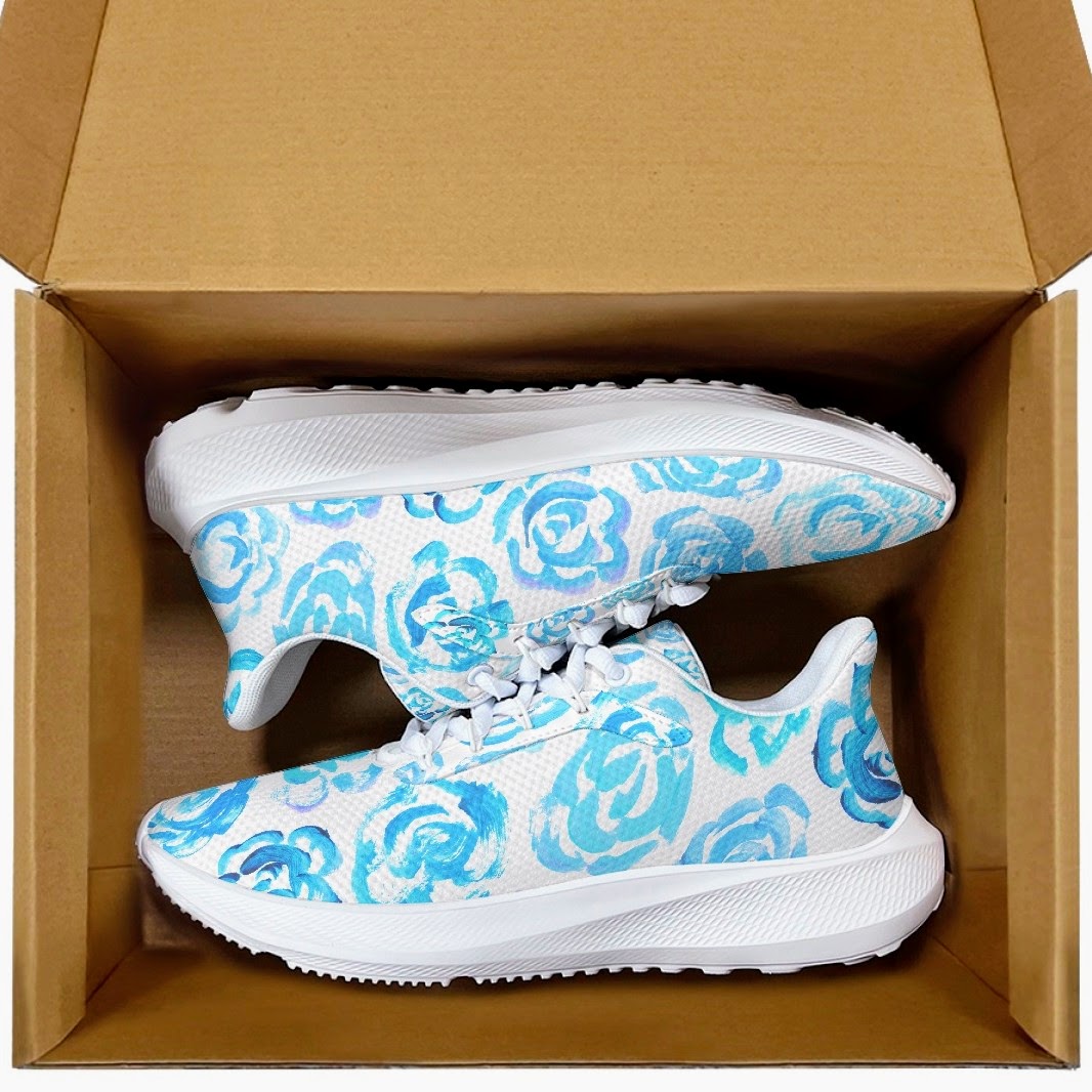 Light blue flower shoes | Art sneakers | Unisex running shoes with light blue flower blossoms. Women's & men's lightweight sports shoes. Floral print running shoes | Floral sneakers | Boho patterned shoes | Cute trainers | Flower sneakers | Gym trainers, tennis shoes & walking shoes by Mia Mai Art
