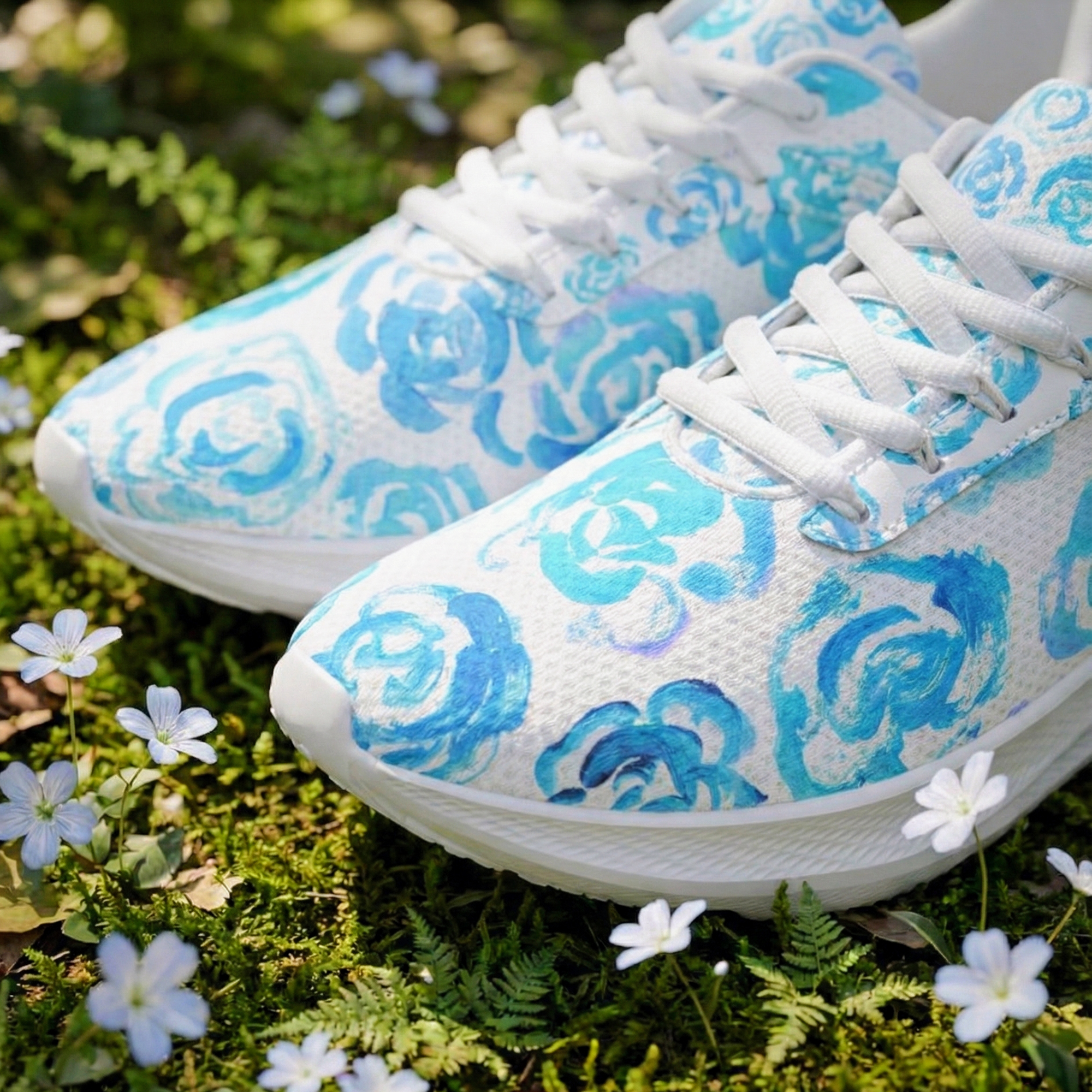 Light blue flower shoes | Art sneakers | Unisex running shoes with light blue flower blossoms. Women's & men's lightweight sports shoes. Floral print running shoes | Floral sneakers | Boho patterned shoes | Cute trainers | Flower sneakers | Gym trainers, tennis shoes & walking shoes by Mia Mai Art