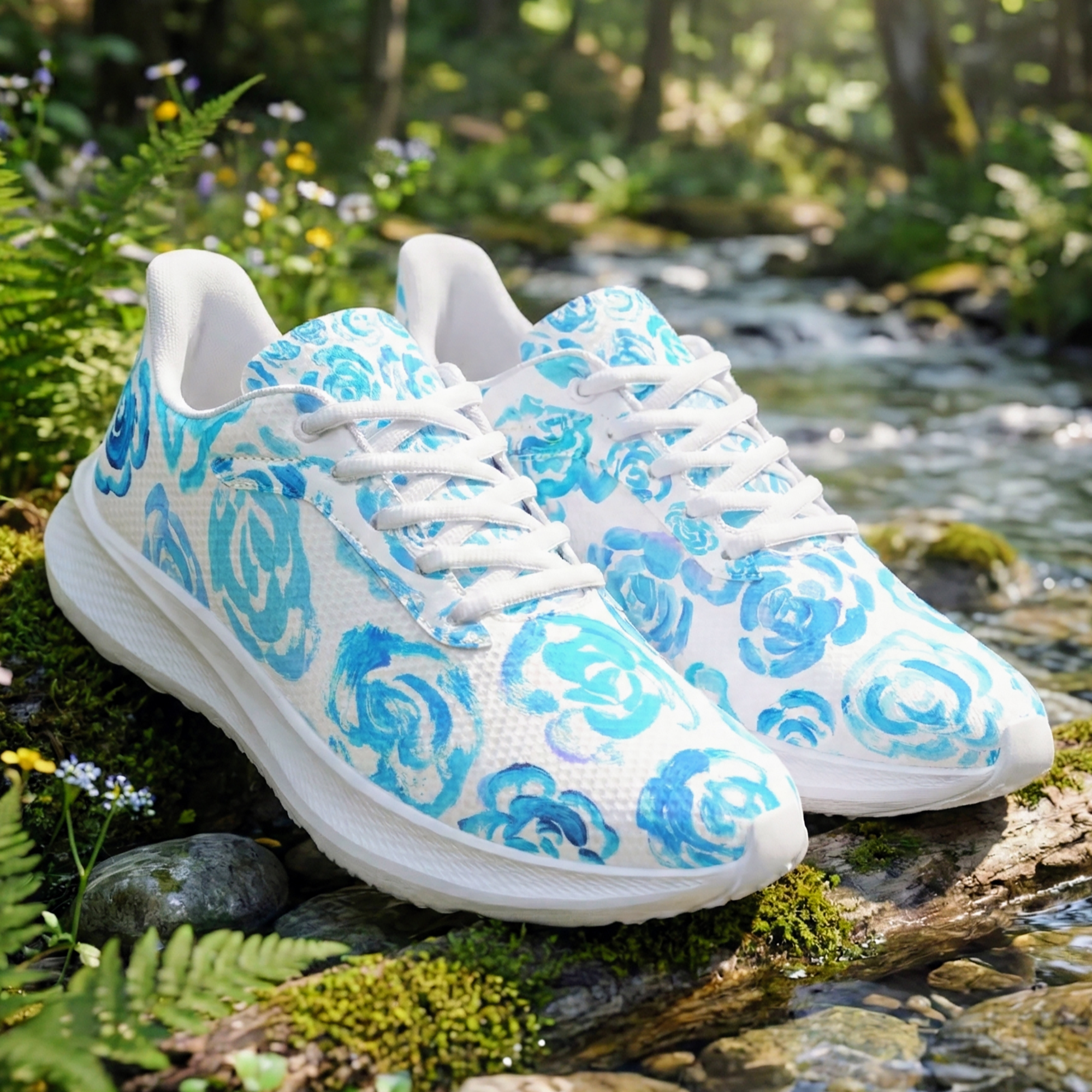 Light blue flower shoes | Art sneakers | Unisex running shoes with light blue flower blossoms. Women's & men's lightweight sports shoes. Floral print running shoes | Floral sneakers | Boho patterned shoes | Cute trainers | Flower sneakers | Gym trainers, tennis shoes & walking shoes by Mia Mai Art