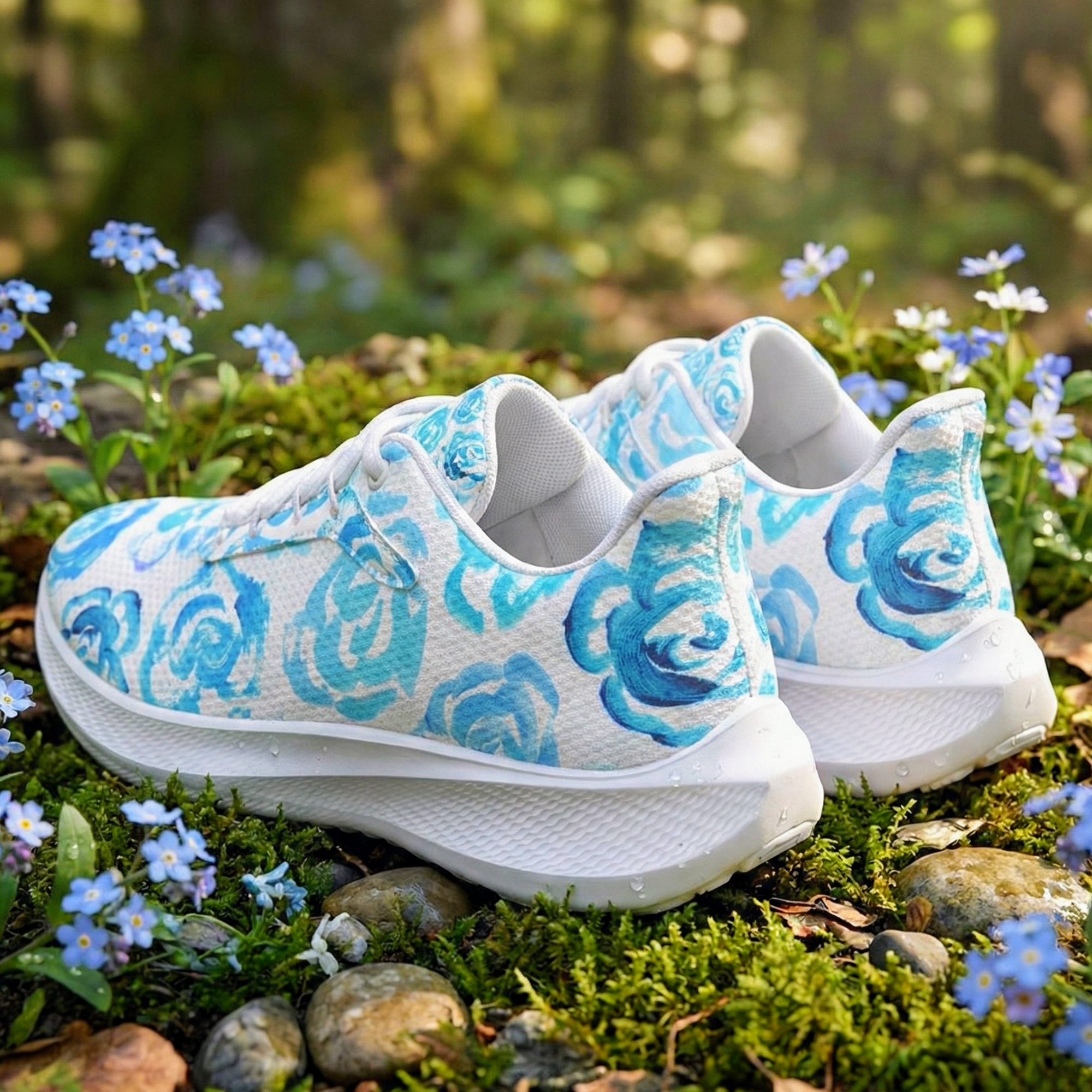 Light blue flower shoes | Art sneakers | Unisex running shoes with light blue flower blossoms. Women's & men's lightweight sports shoes. Floral print running shoes | Floral sneakers | Boho patterned shoes | Cute trainers | Flower sneakers | Gym trainers, tennis shoes & walking shoes by Mia Mai Art