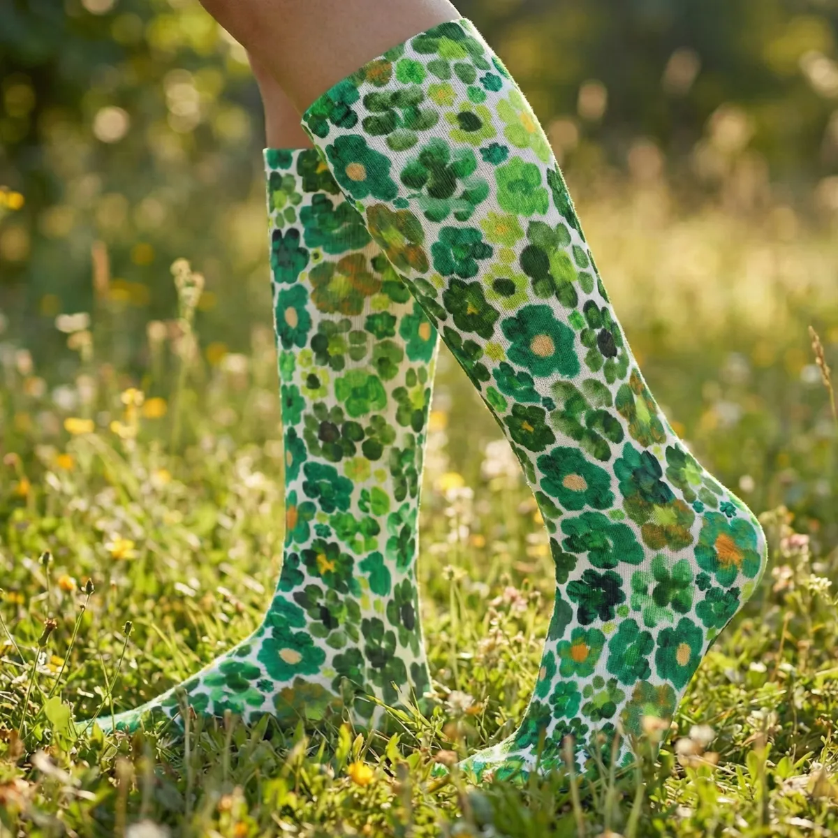 Green Flower Blossom Stockings | Unisex Floral Print Flower Socks | Printed from Original Painting