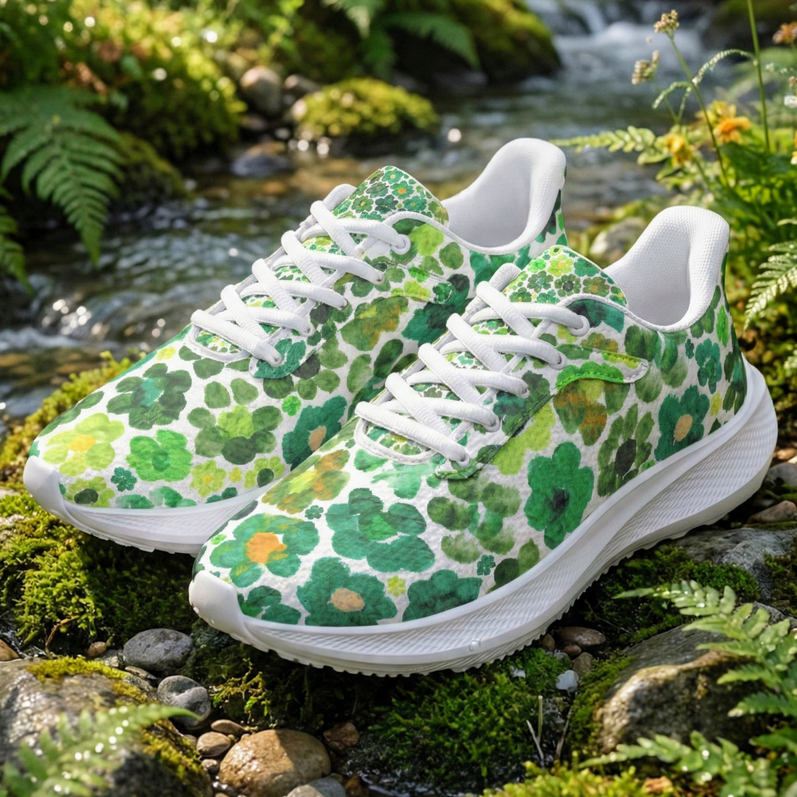 Running Shoes with Green Flower Blossoms (Unisex) Floral Print Running Shoes | Art Sneakers