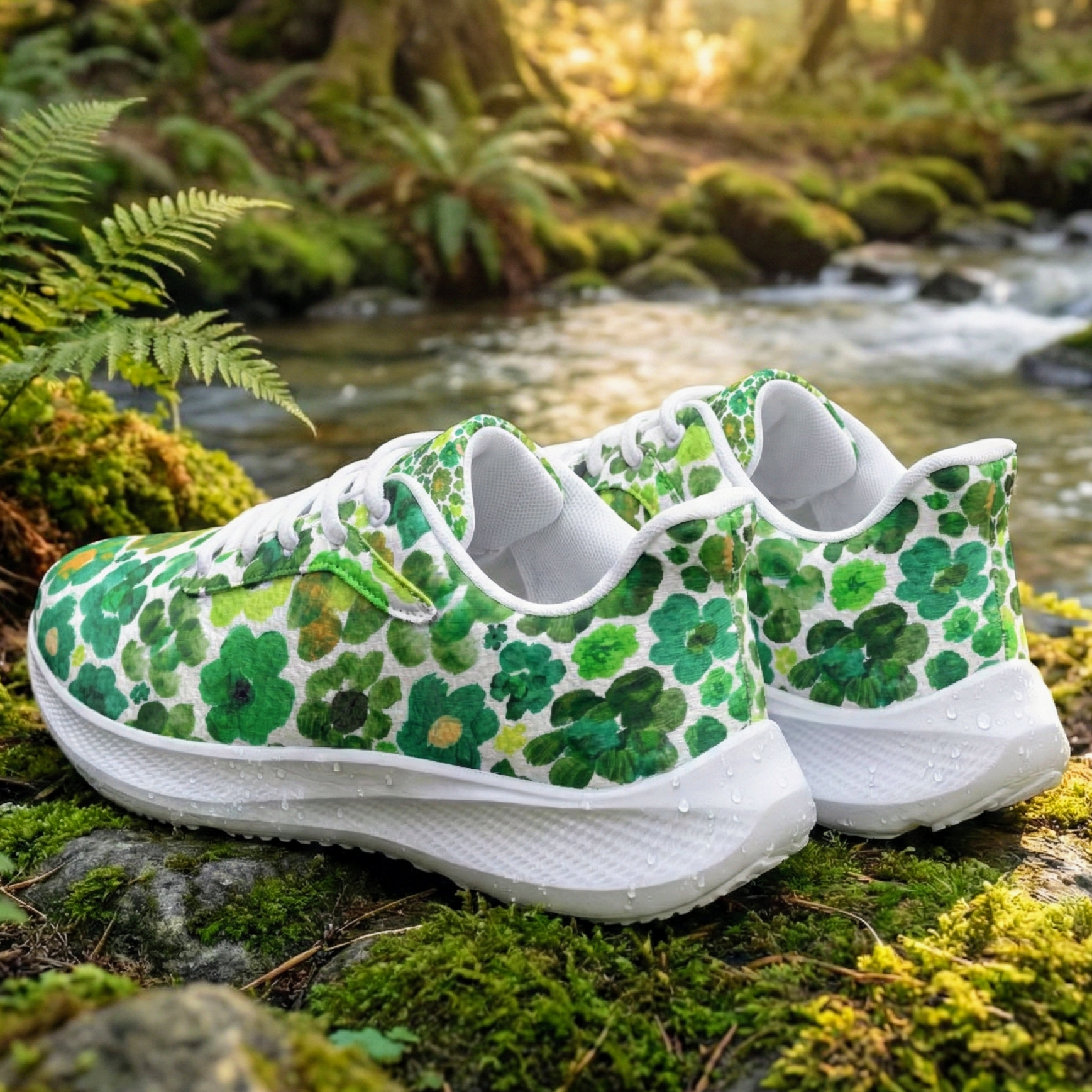 Running Shoes with Green Flower Blossoms (Unisex) Floral Print Running Shoes | Art Sneakers