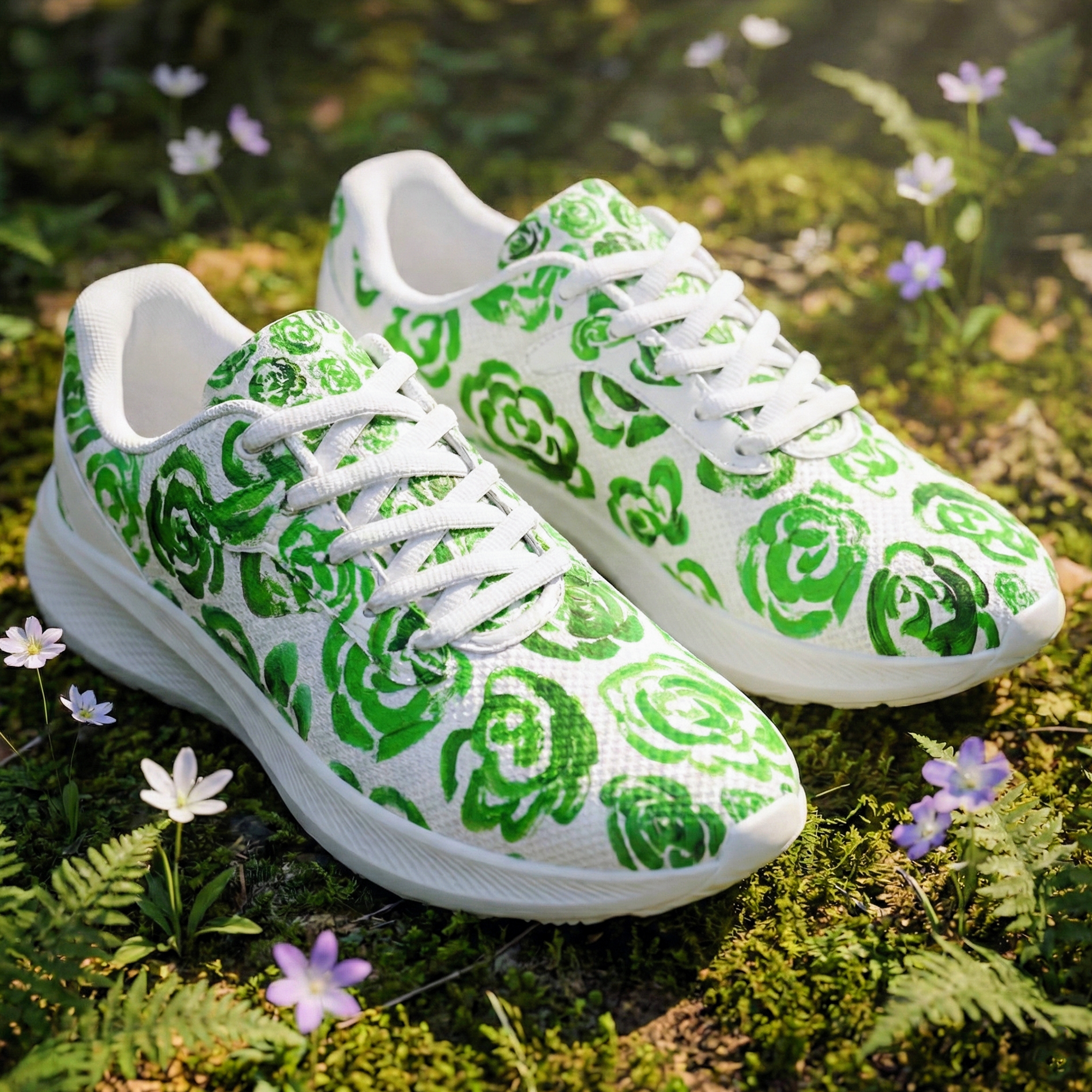 Dark green flower shoes | Art sneakers | Unisex running shoes with dark green flower blossoms. Women's & men's lightweight sports shoes. Floral print running shoes | Floral sneakers | Boho patterned shoes | Cute trainers | Flower sneakers | Gym trainers, tennis shoes & walking shoes by Mia Mai Art