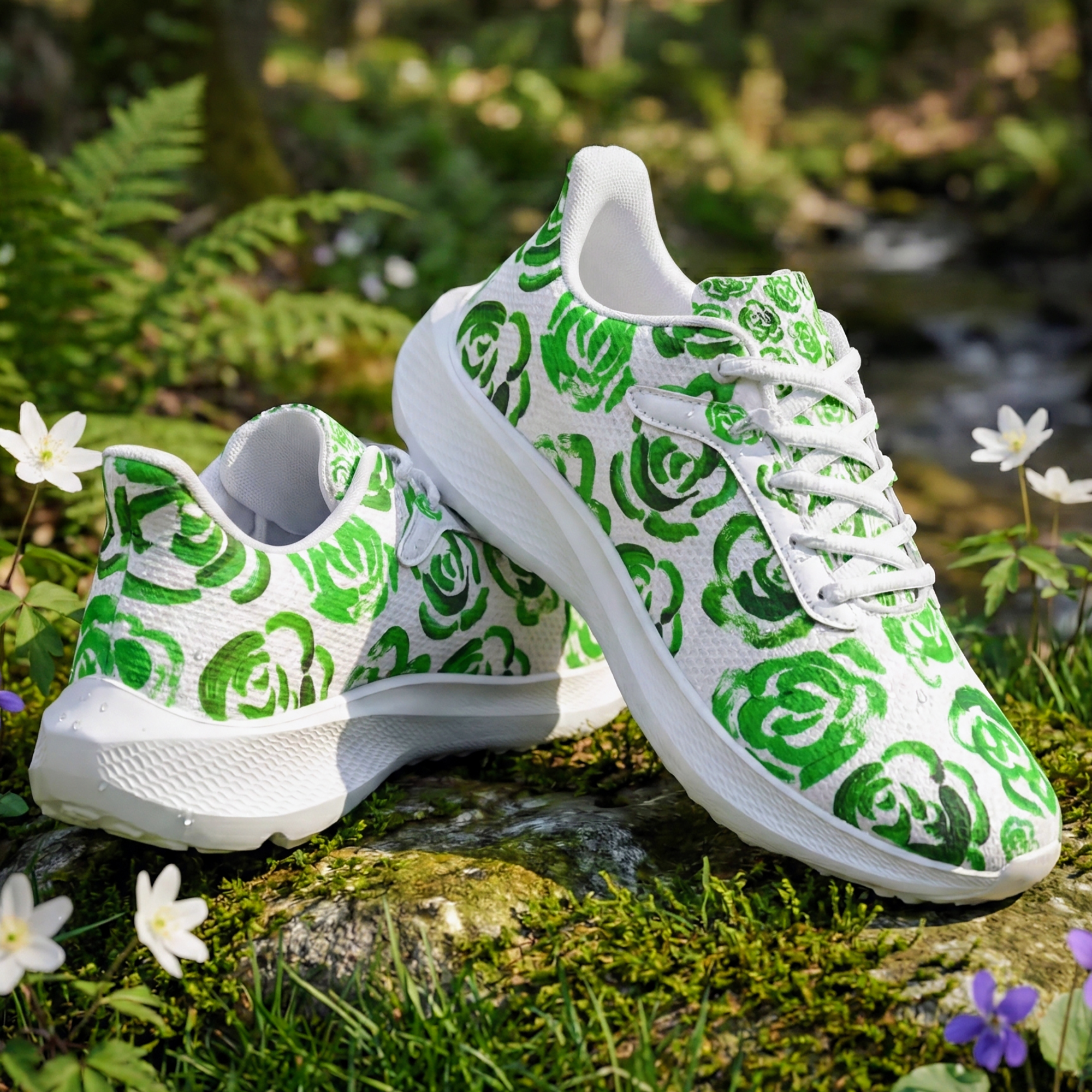 Dark green flower shoes | Art sneakers | Unisex running shoes with dark green flower blossoms. Women's & men's lightweight sports shoes. Floral print running shoes | Floral sneakers | Boho patterned shoes | Cute trainers | Flower sneakers | Gym trainers, tennis shoes & walking shoes by Mia Mai Art