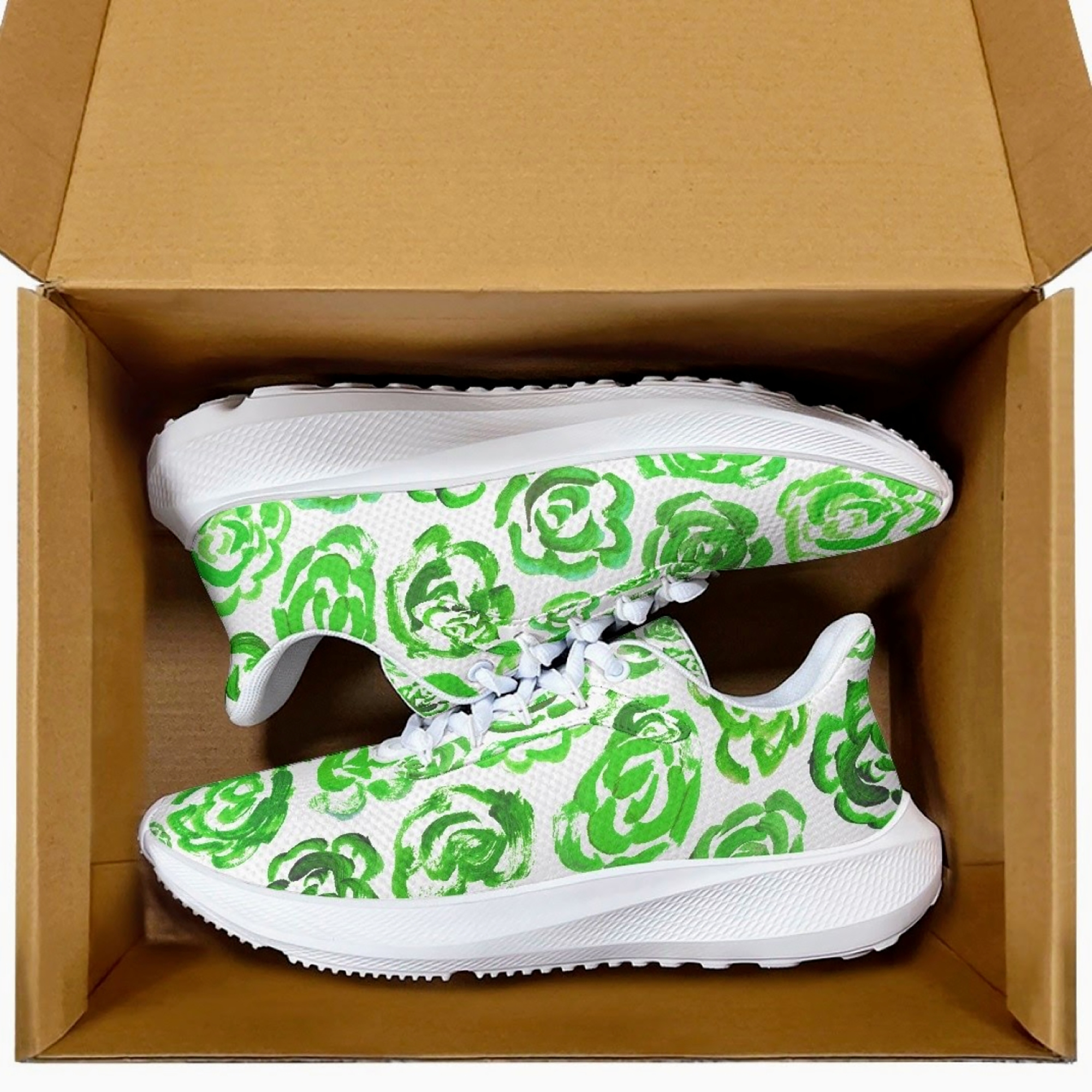 Dark green flower shoes | Art sneakers | Unisex running shoes with dark green flower blossoms. Women's & men's lightweight sports shoes. Floral print running shoes | Floral sneakers | Boho patterned shoes | Cute trainers | Flower sneakers | Gym trainers, tennis shoes & walking shoes by Mia Mai Art