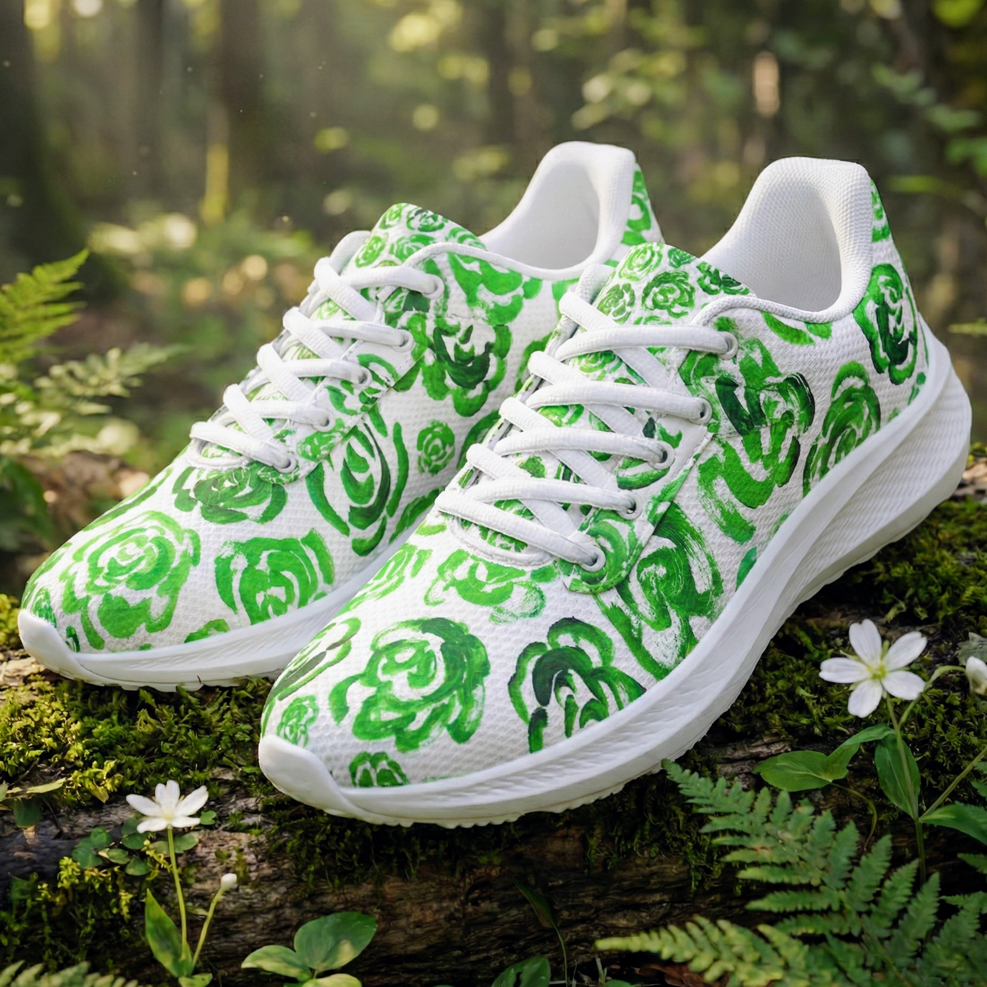 Dark green flower shoes | Art sneakers | Unisex running shoes with dark green flower blossoms. Women's & men's lightweight sports shoes. Floral print running shoes | Floral sneakers | Boho patterned shoes | Cute trainers | Flower sneakers | Gym trainers, tennis shoes & walking shoes by Mia Mai Art