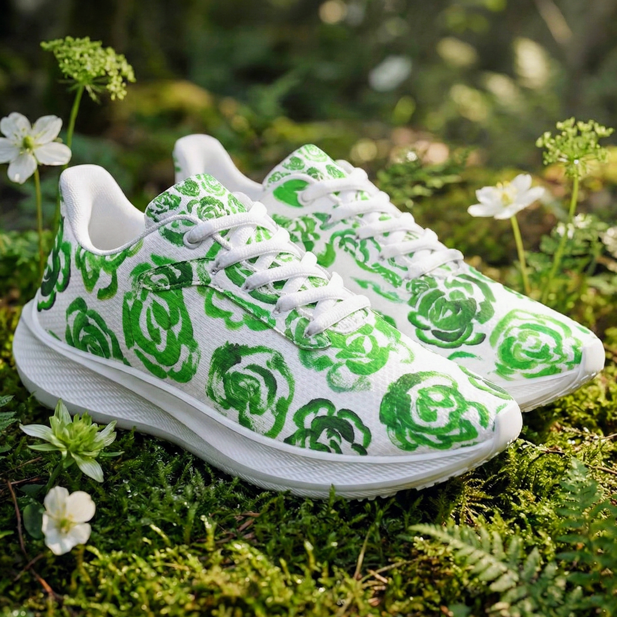Dark green flower shoes | Art sneakers | Unisex running shoes with dark green flower blossoms. Women's & men's lightweight sports shoes. Floral print running shoes | Floral sneakers | Boho patterned shoes | Cute trainers | Flower sneakers | Gym trainers, tennis shoes & walking shoes by Mia Mai Art
