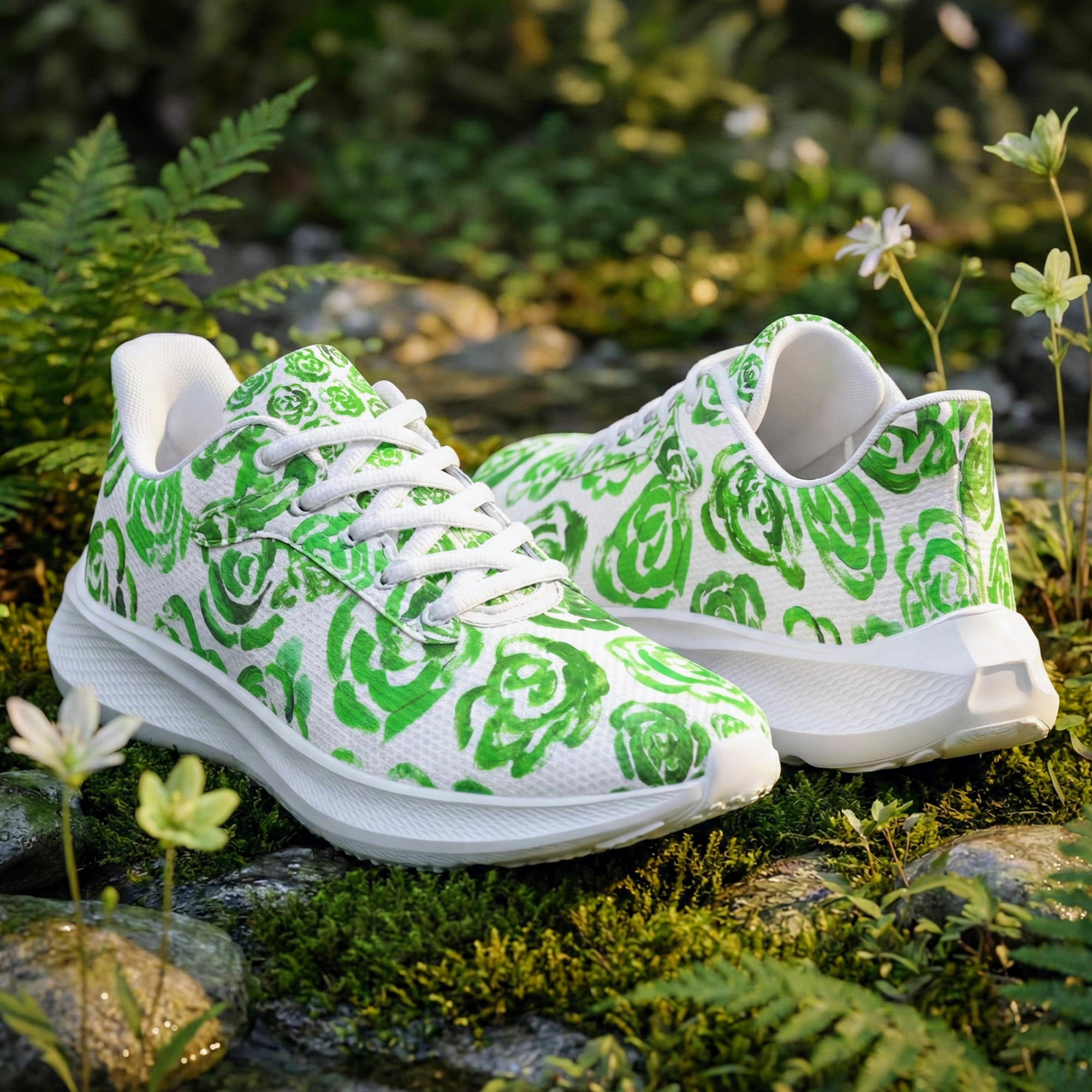 Dark green flower shoes | Art sneakers | Unisex running shoes with dark green flower blossoms. Women's & men's lightweight sports shoes. Floral print running shoes | Floral sneakers | Boho patterned shoes | Cute trainers | Flower sneakers | Gym trainers, tennis shoes & walking shoes by Mia Mai Art