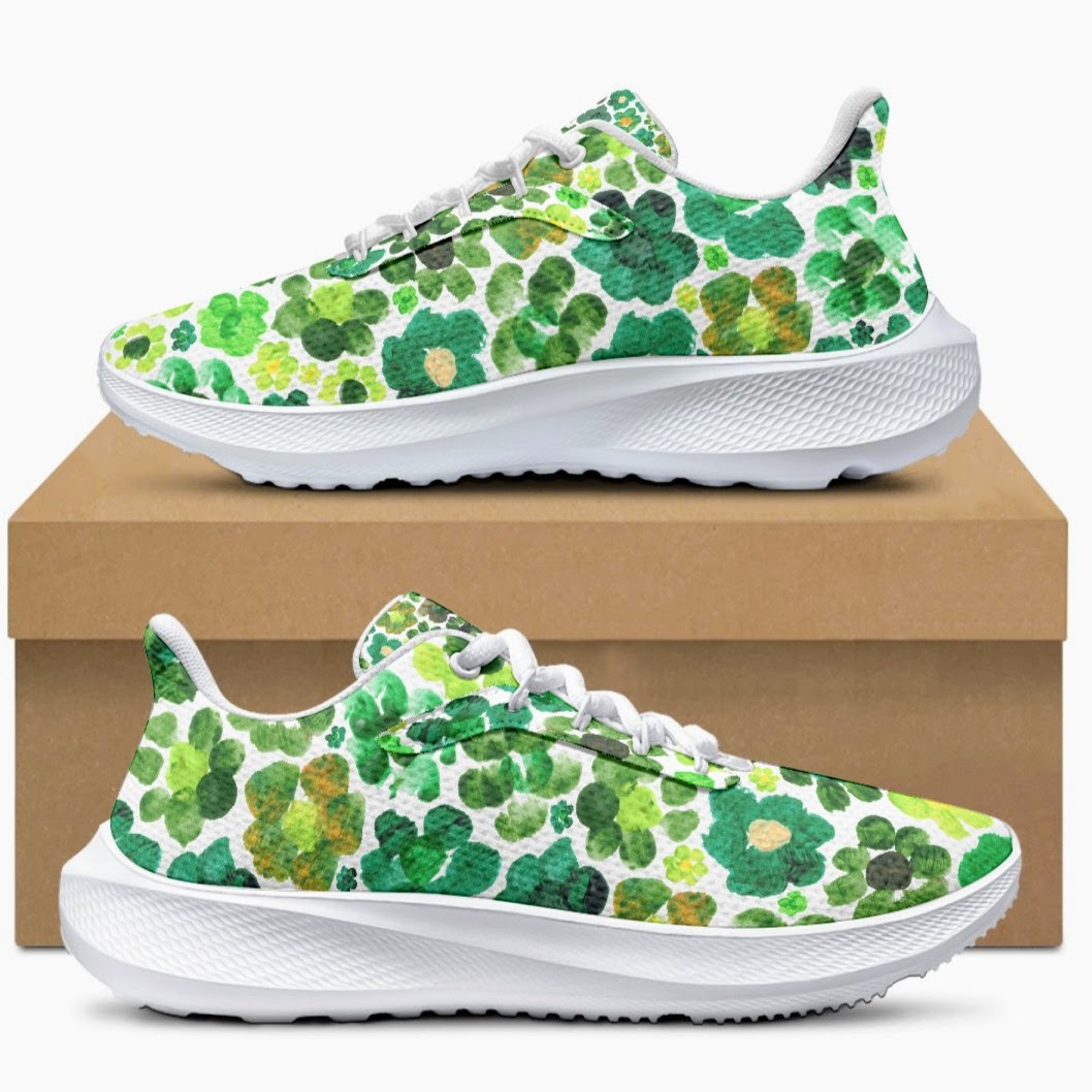 Running Shoes with Green Flower Blossoms (Unisex) Floral Print Running Shoes | Art Sneakers