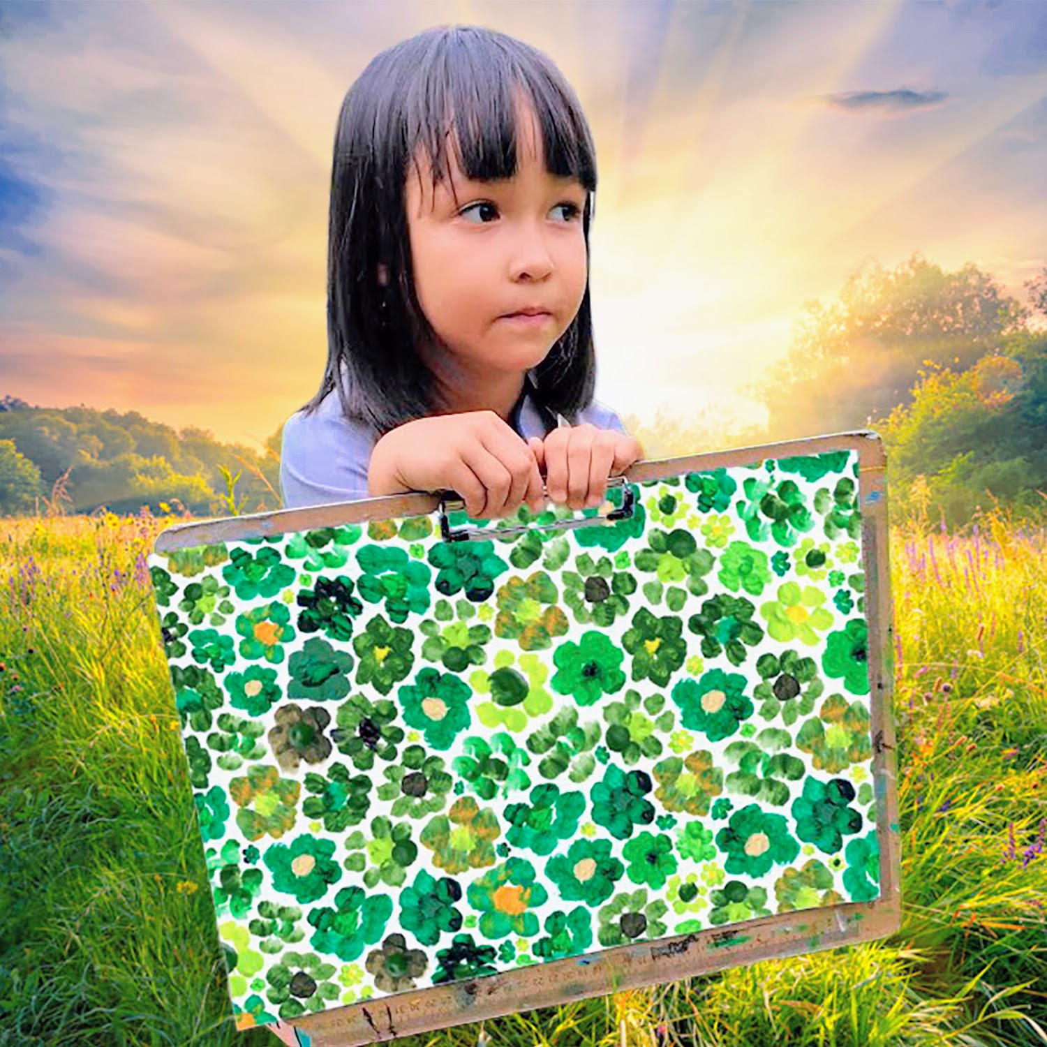 Artist Mia Mai with green painted flower blossoms