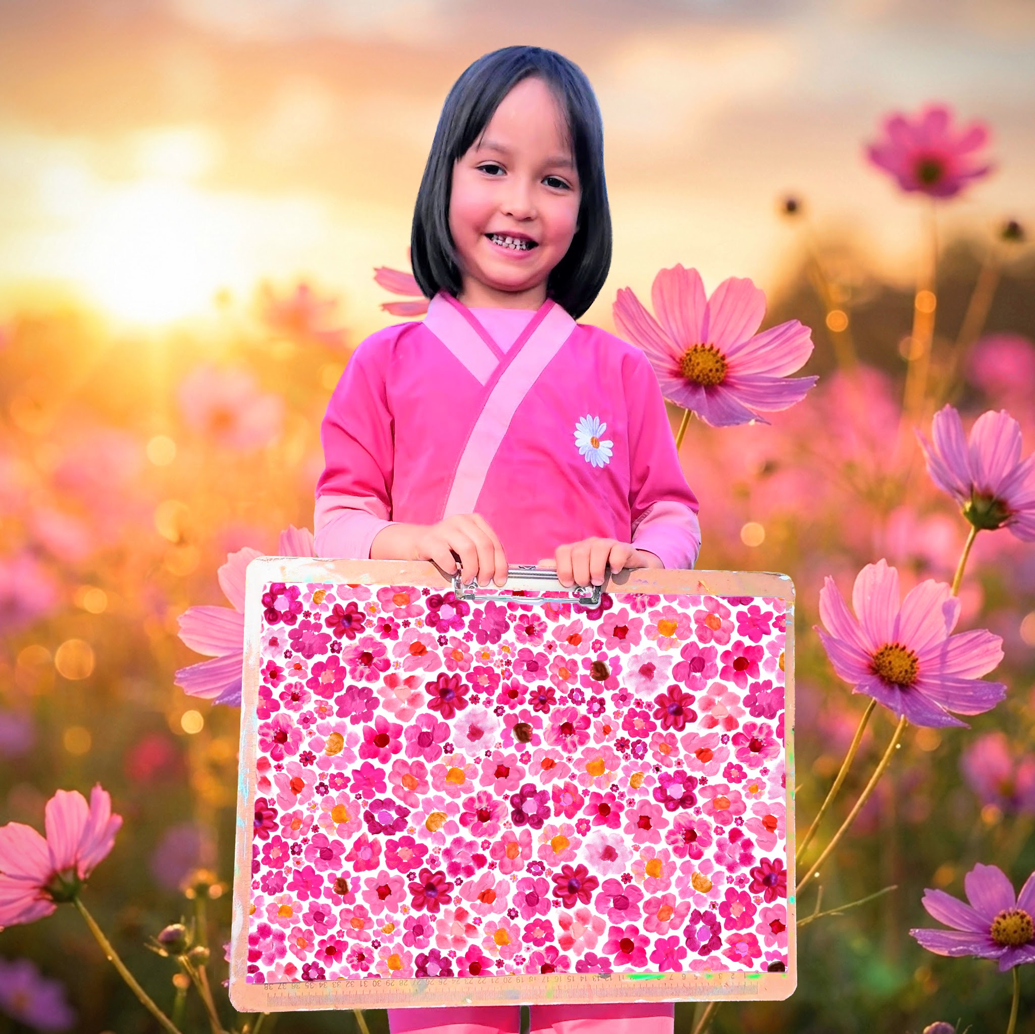 Artist Mia Mai with pink painted flower blossoms