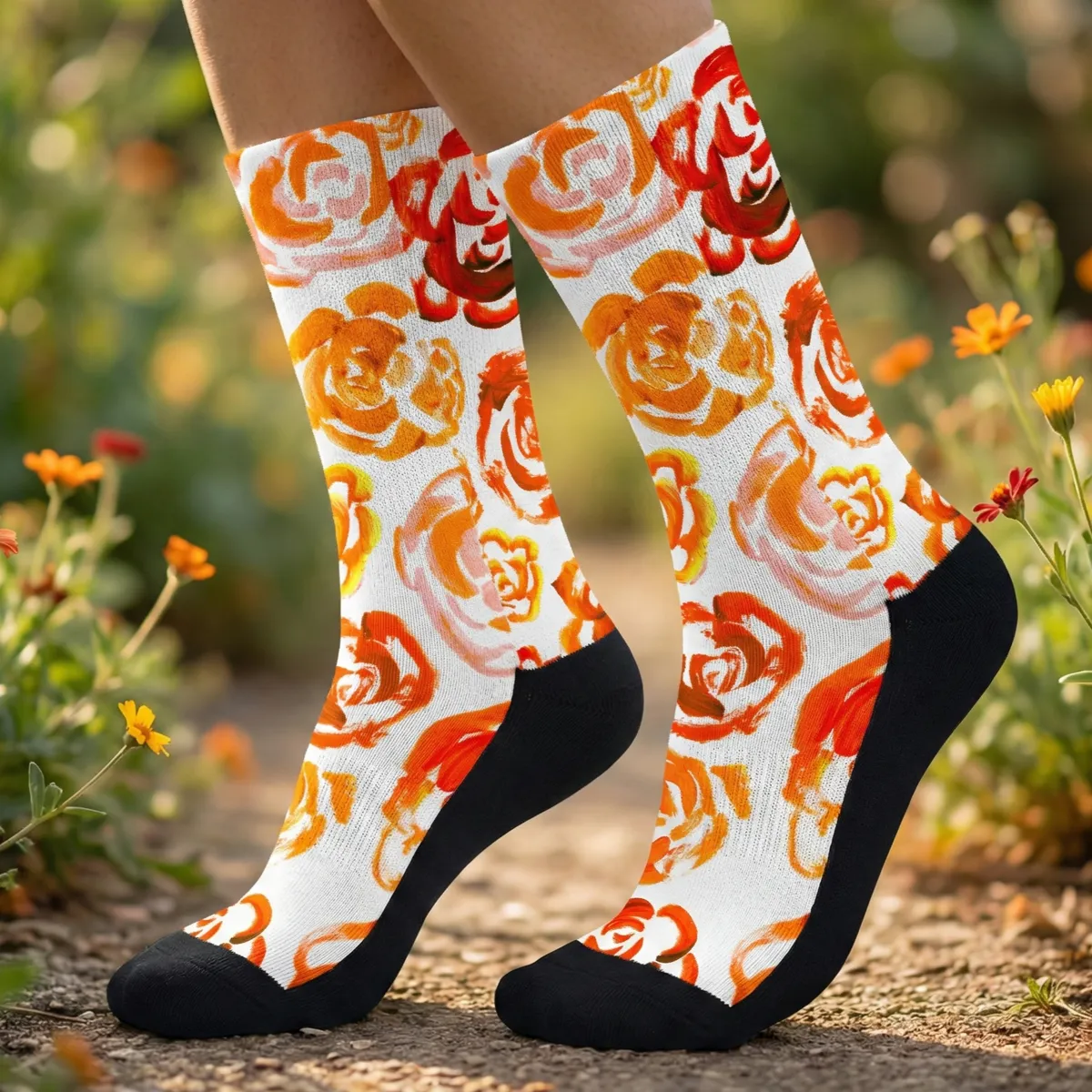 Orange flower socks | Unisex orange flower blossom sports socks for women and men | Cute art socks | Cool socks for guys | Unique socks for men | Best socks for sweaty feet | Moisture wicking socks for running | Cute workout socks for women | Sweat wicking gym socks | High performance sports socks | Anti-blister sports socks | Novelty running socks | Seamless toe athletic socks
